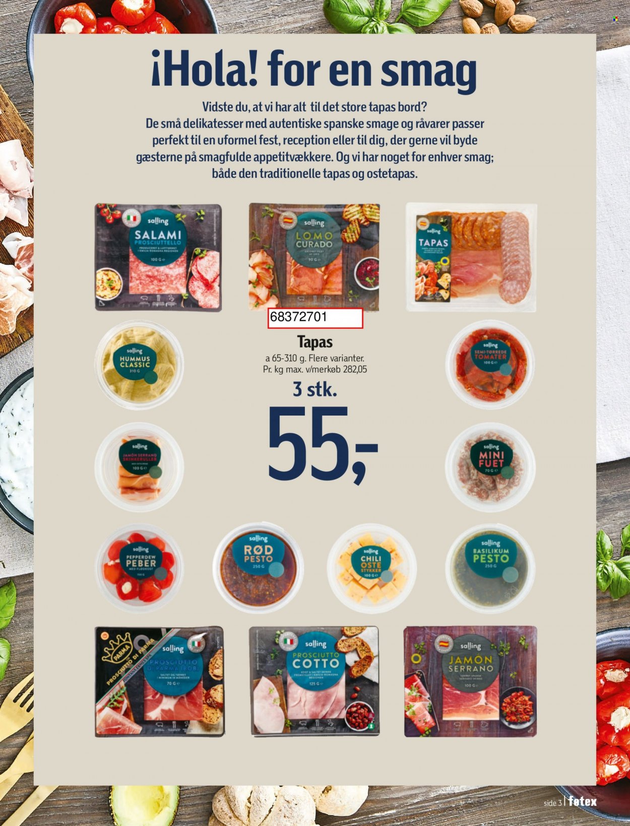 thumbnail - føtex tilbud  - 14.5.2022 - 25.5.2022 - tilbudsprodukter - tomat, serranoskinke, prosciutto, salami, hummus, basilikum, chili, pesto, Salter, bord. Side 3.