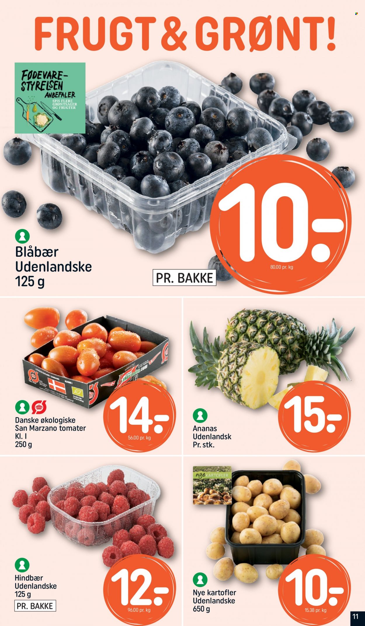 thumbnail - Rema 1000 tilbud  - 15.5.2022 - 21.5.2022 - tilbudsprodukter - ananas, blåbær, hindbær, kartofler, nye kartofler, tomat, grøntsage. Side 11.