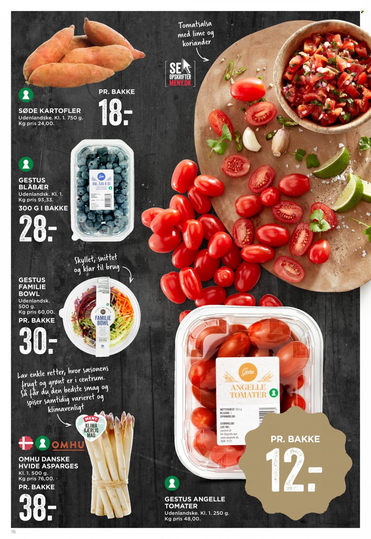 thumbnail - MENY tilbud  - 20.5.2022 - 25.5.2022 - tilbudsprodukter - blåbær, asparges, hvide asparges, kartofler, tomat. Side 16.