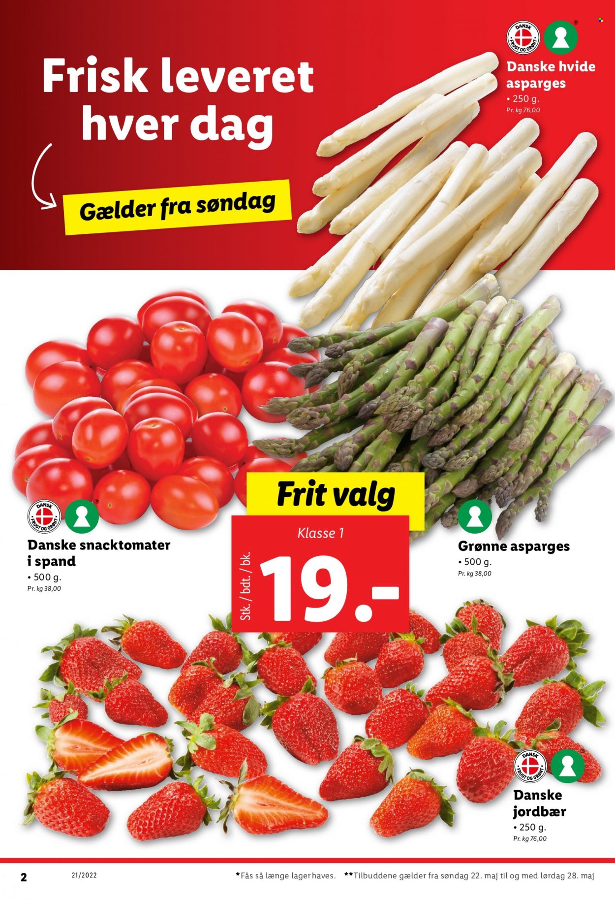 thumbnail - Lidl tilbud  - 22.5.2022 - 28.5.2022 - tilbudsprodukter - jordbær, asparges, grønne asparges, hvide asparges. Side 2.