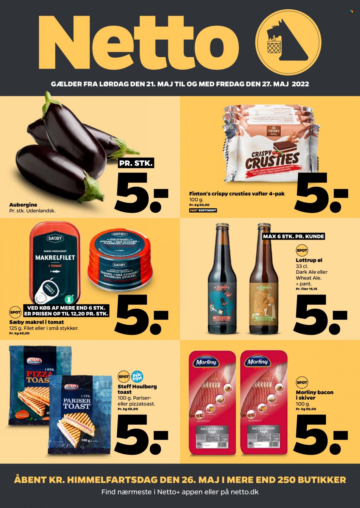 thumbnail - Netto tilbud  - 21.5.2022 - 27.5.2022 - tilbudsprodukter - aubergine, øl, vafler, makrel, makrelfileter, pizza, Steff Houlberg, bacon. Side 1.