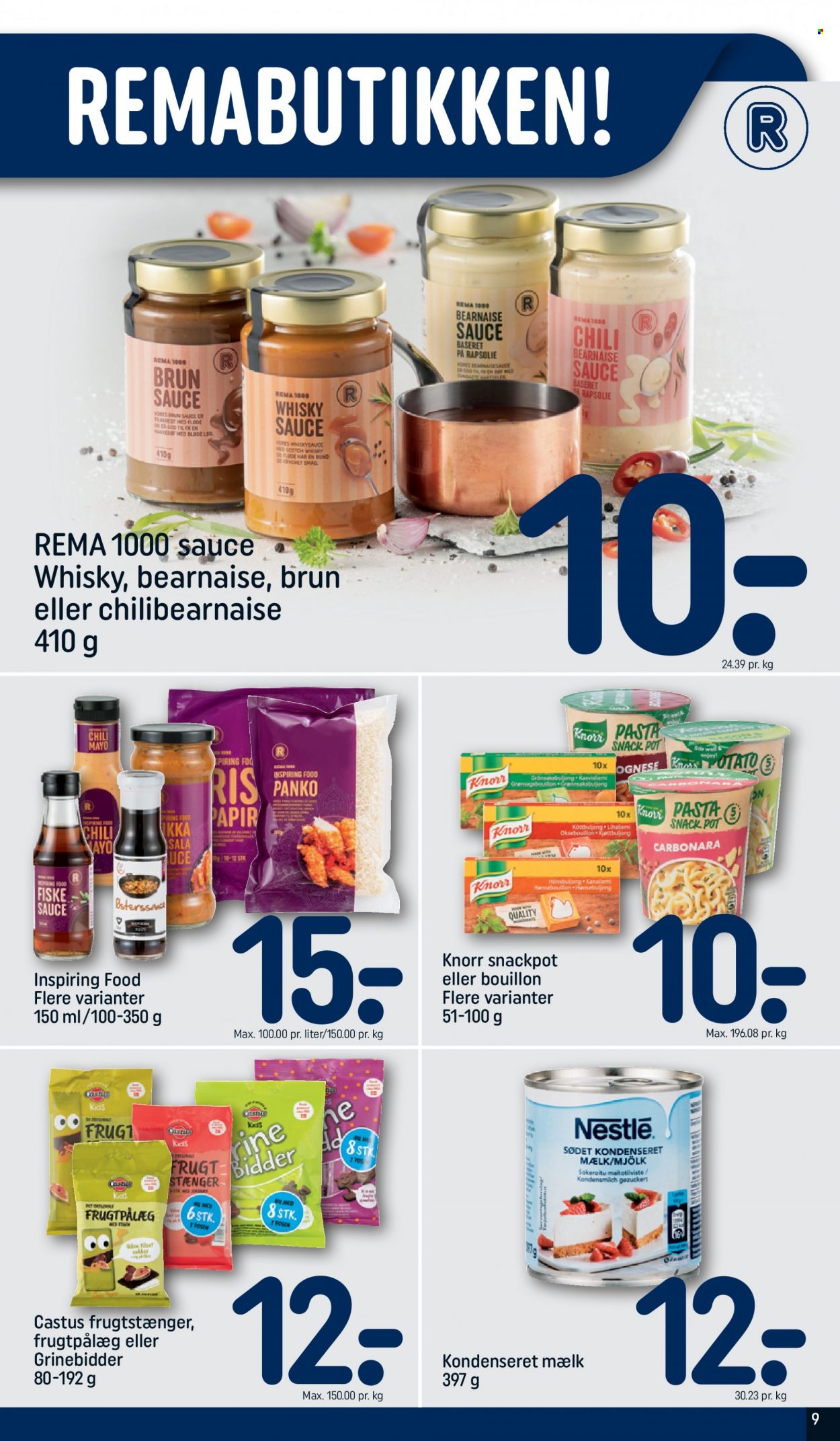thumbnail - Rema 1000 tilbud  - 22.5.2022 - 28.5.2022 - tilbudsprodukter - Knorr, Snackpot, Nestlé, mælk, Castus, bouillon, pasta, ris, sauce, whisky. Side 9.