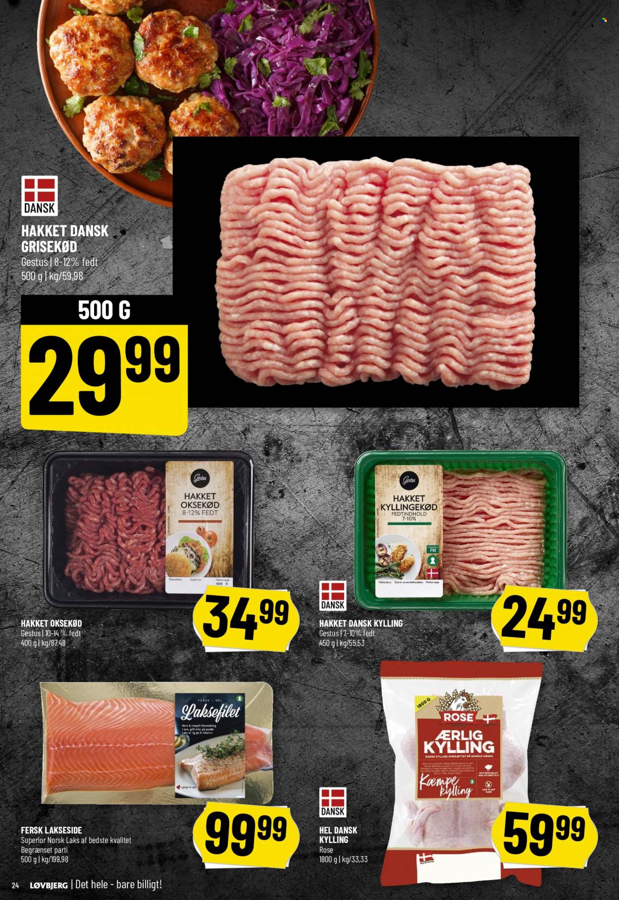 thumbnail - Løvbjerg tilbud  - 20.5.2022 - 25.5.2022 - tilbudsprodukter - hakket oksekød, oksekød, grisekød, hakket kylling, kylling, laksefilet, laks. Side 24.