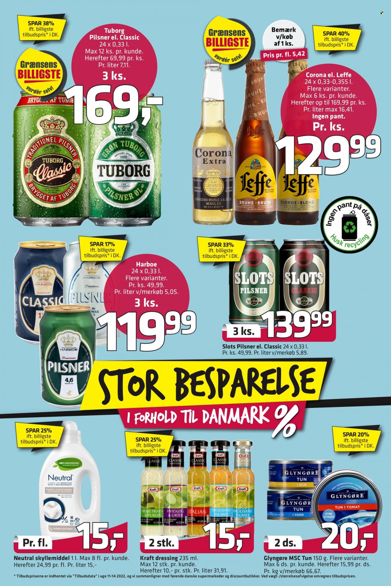 thumbnail - Fleggaard tilbud  - 25.5.2022 - 7.6.2022 - tilbudsprodukter - Leffe, Tuborg, øl, tun, dressing, skyllemiddel. Side 3.