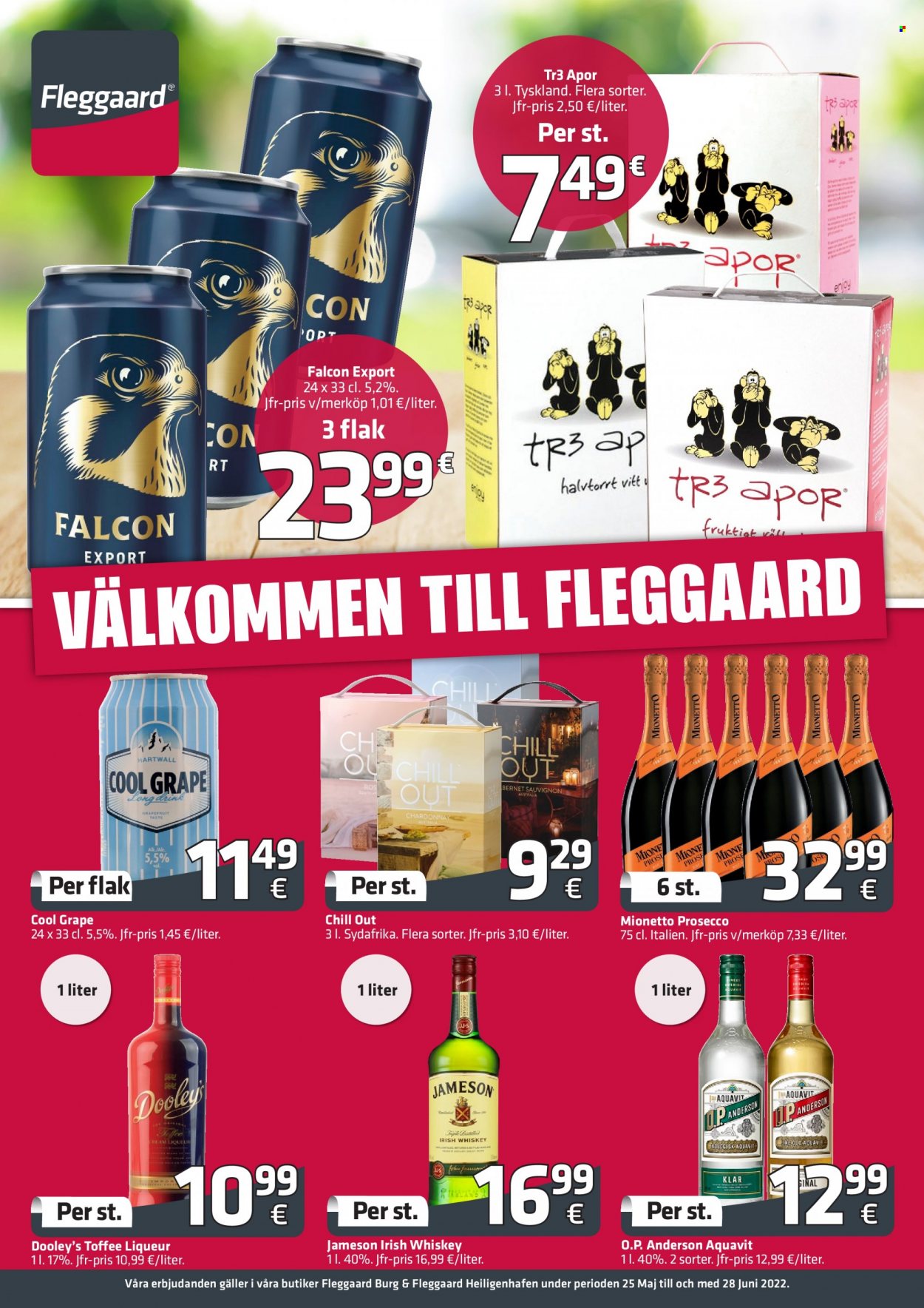Fleggaard tilbud  - 25.05.2022 - 28.06.2022 - tilbudsprodukter - Chardonnay, prosecco, vin, Jameson, whisky. Side 1.