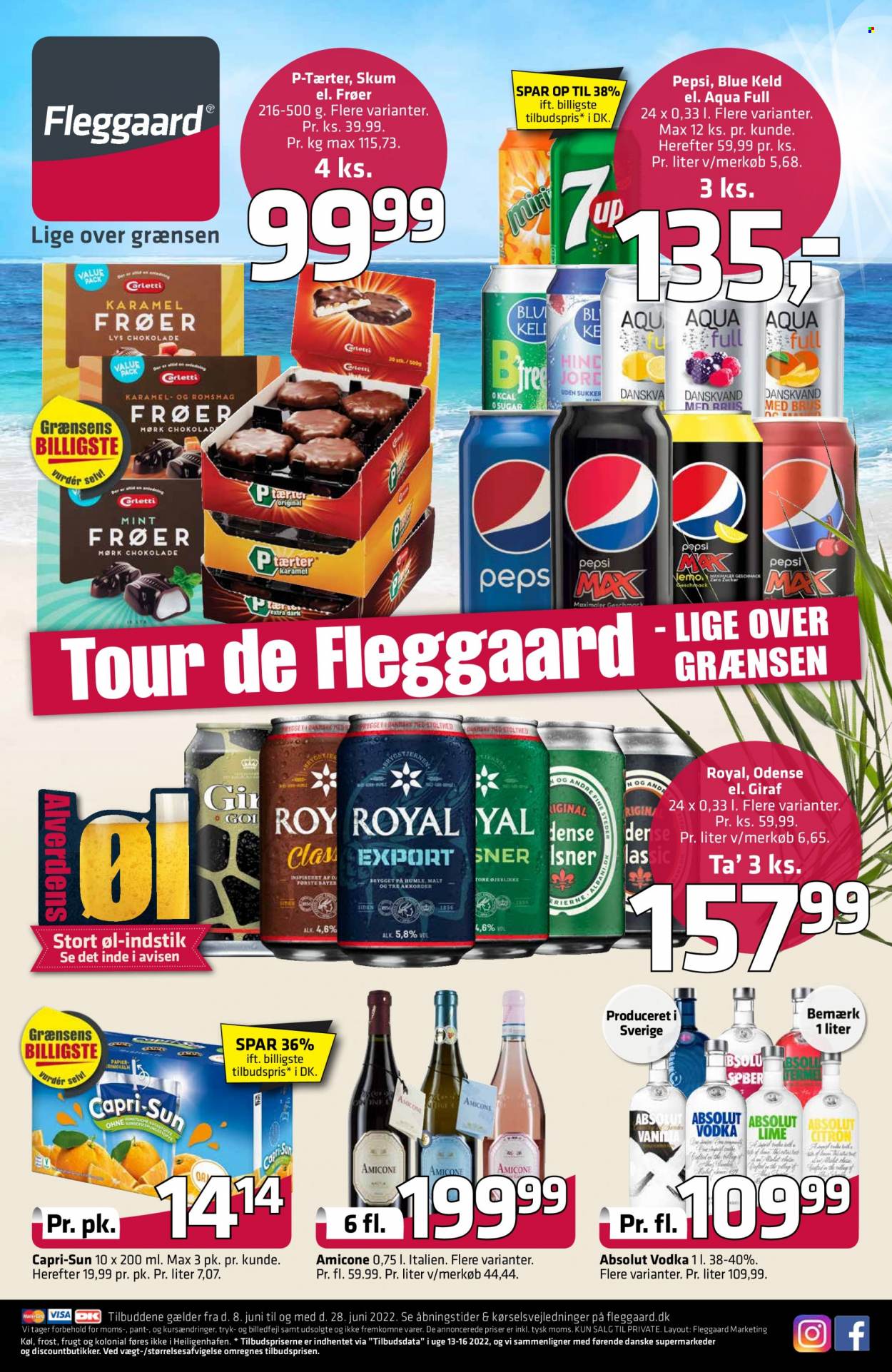 thumbnail - Fleggaard tilbud  - 8.6.2022 - 28.6.2022 - tilbudsprodukter - øl, Blue Keld, Capri Sun, Pepsi, Absolut, vodka. Side 1.