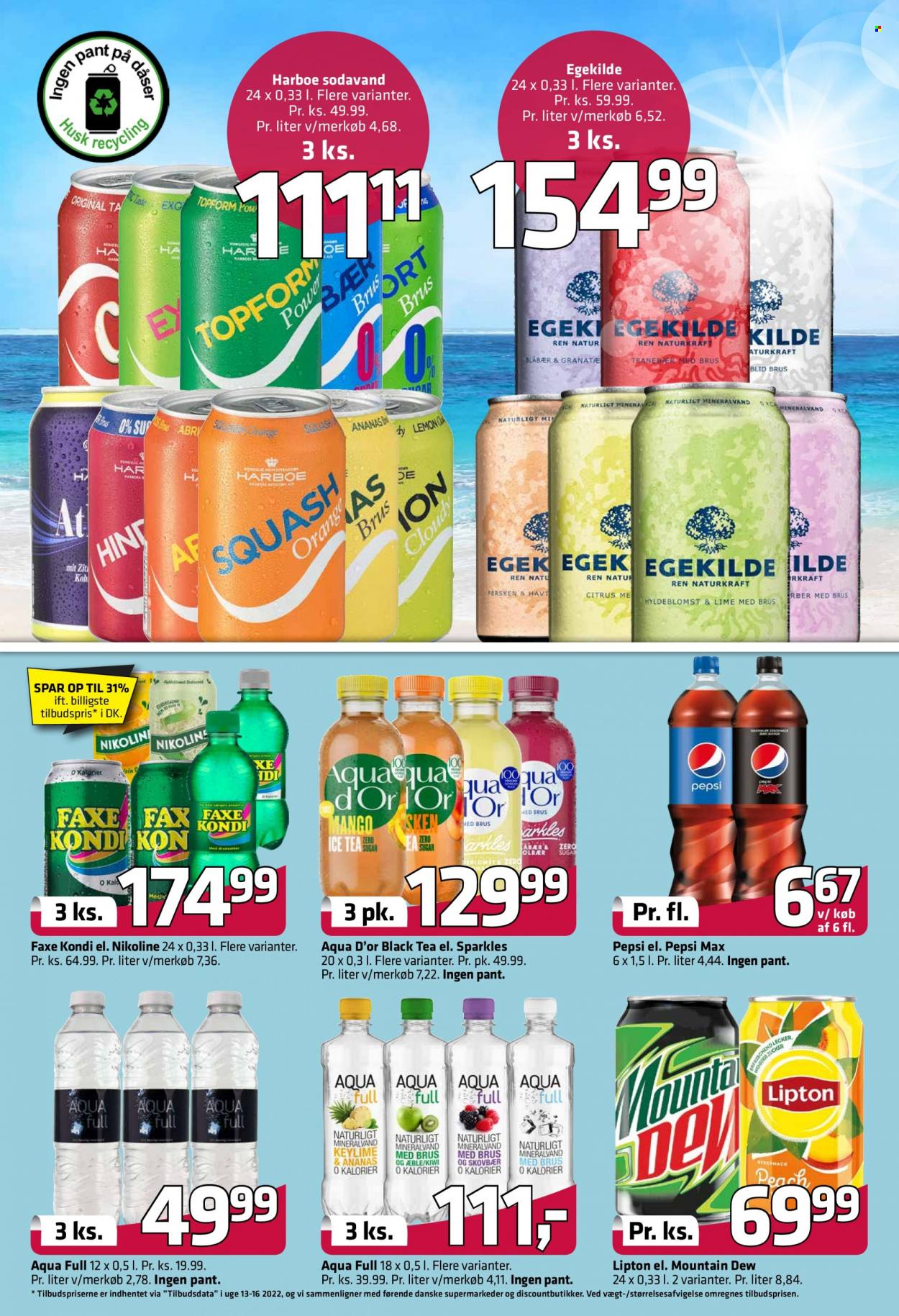 thumbnail - Fleggaard tilbud  - 8.6.2022 - 28.6.2022 - tilbudsprodukter - øl, Lipton, Mountain Dew, Pepsi, sodavand, Pepsi Max, Faxe Kondi, Aqua d’Or. Side 28.