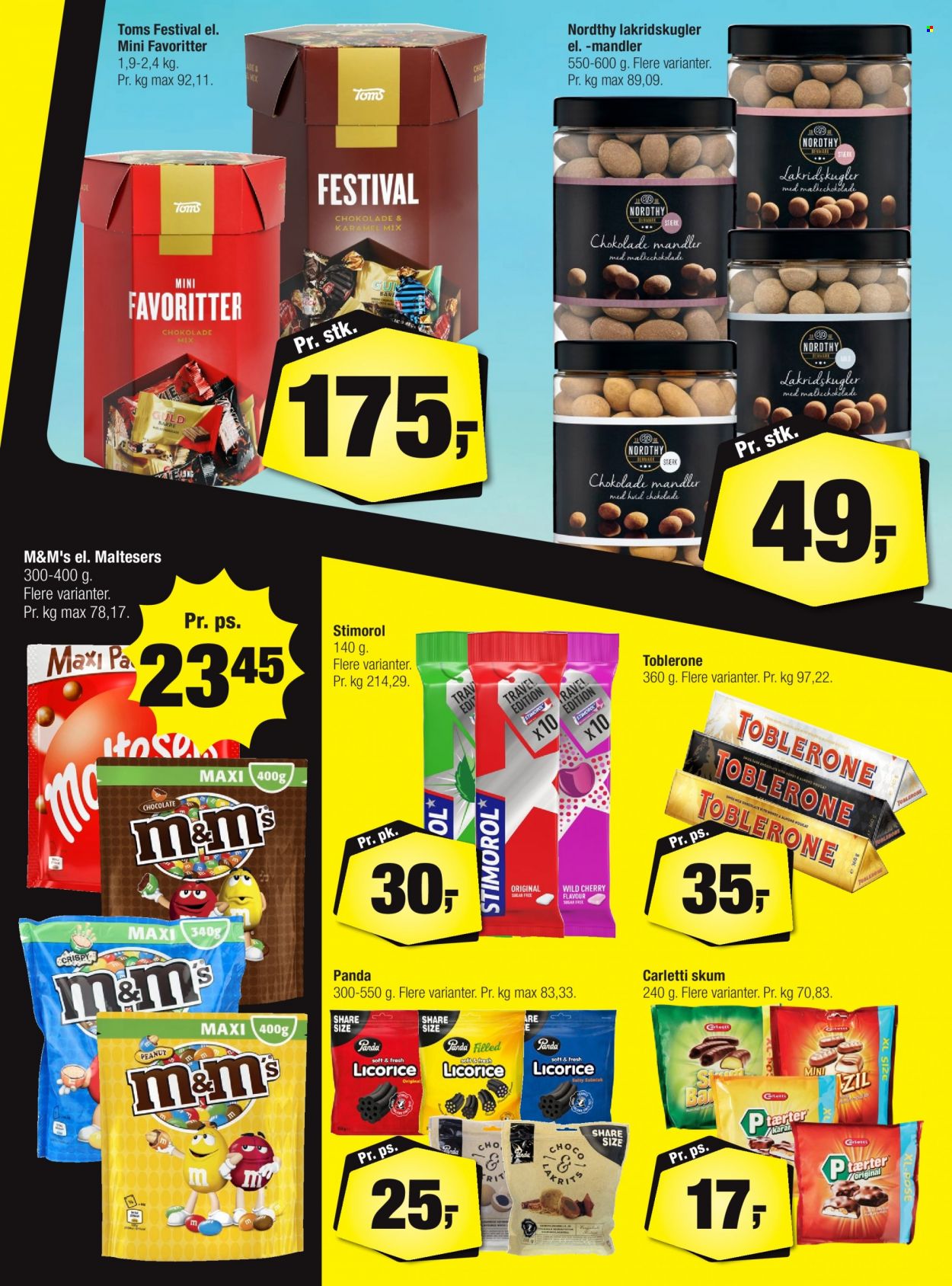 thumbnail - Calle tilbud  - 8.6.2022 - 28.6.2022 - tilbudsprodukter - Toblerone, guldbarre, chokolade, karamel, M&M's, nougat, Toms, Carletti, mandler. Side 5.