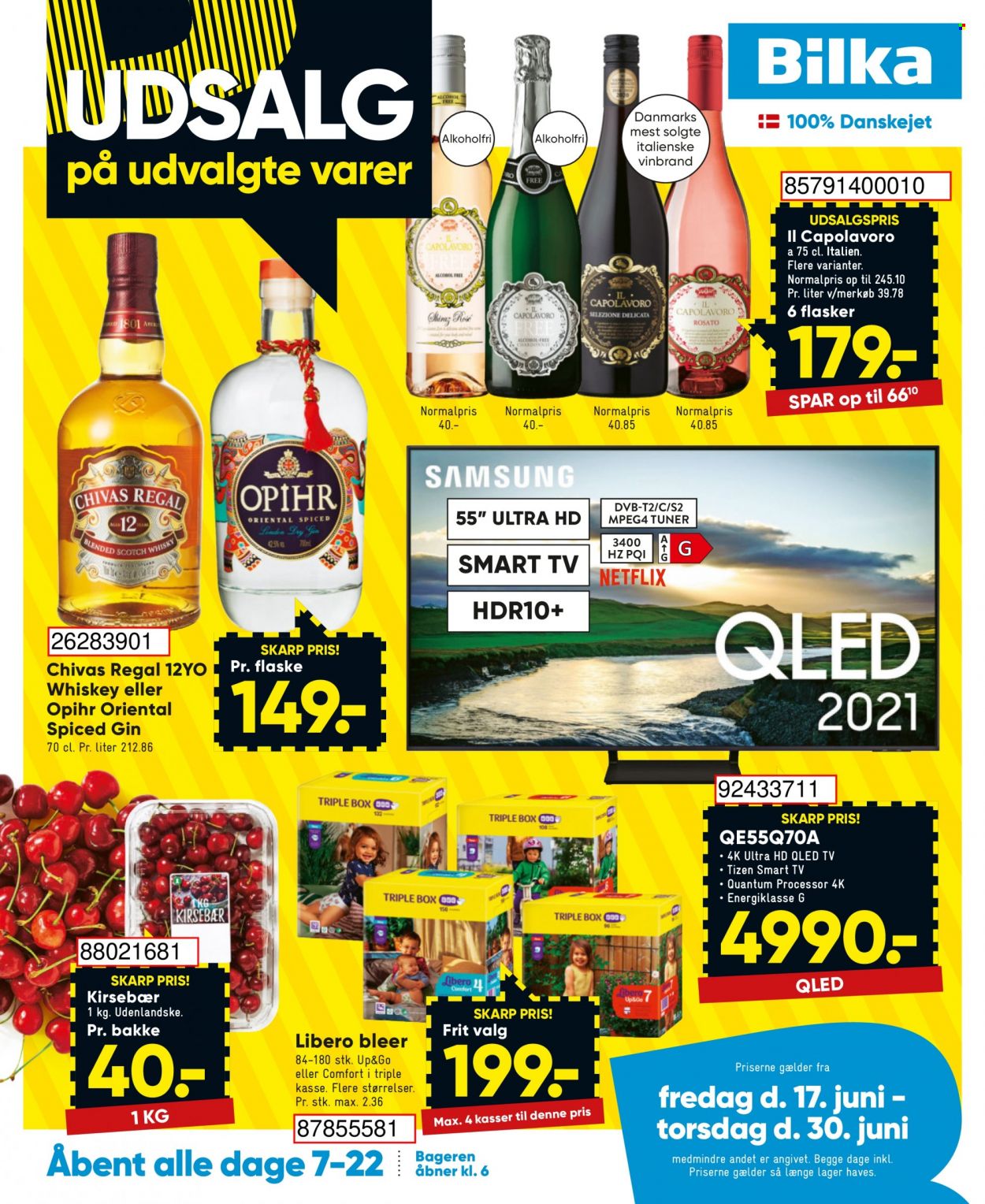 thumbnail - Bilka tilbud  - 17.6.2022 - 30.6.2022 - tilbudsprodukter - kirsebær, QLED TV, Smart TV, Il Capolavoro, gin, whisky, bleer, Libero. Side 1.
