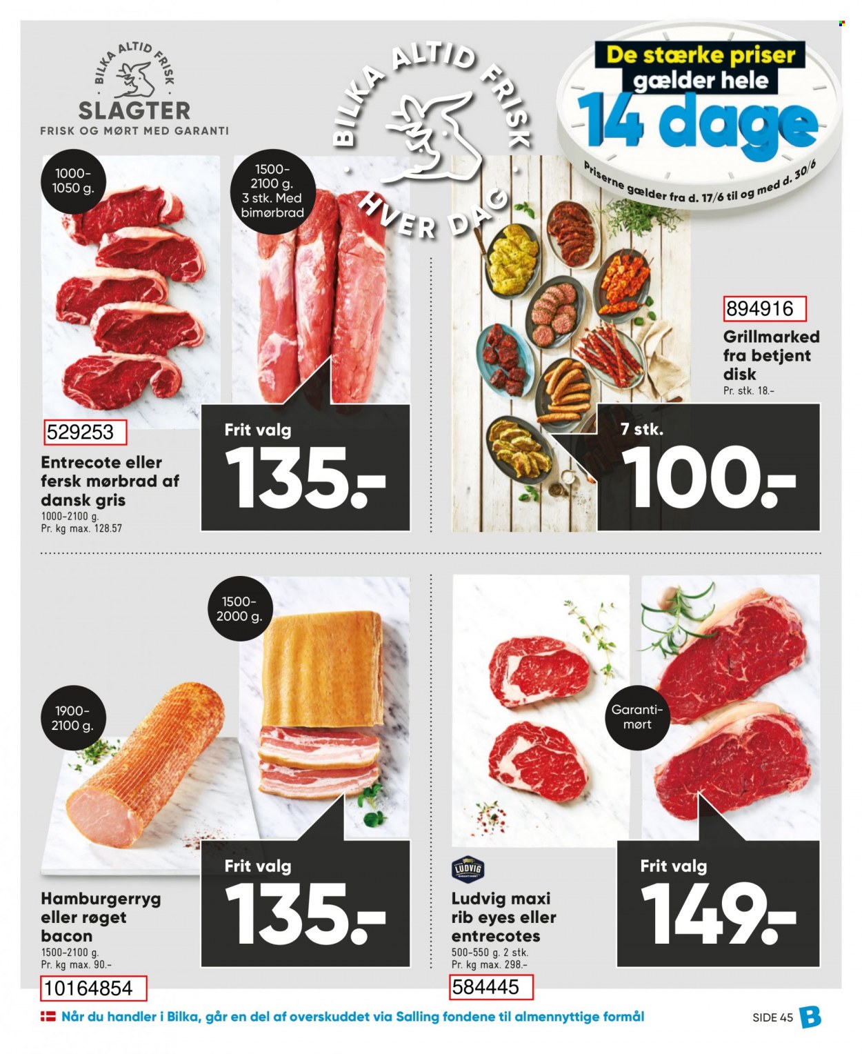 thumbnail - Bilka tilbud  - 17.6.2022 - 30.6.2022 - tilbudsprodukter - entrecôte, mørbrad, oksemørbrad, oksekød, hamburgerryg, dansk gris, bacon. Side 64.