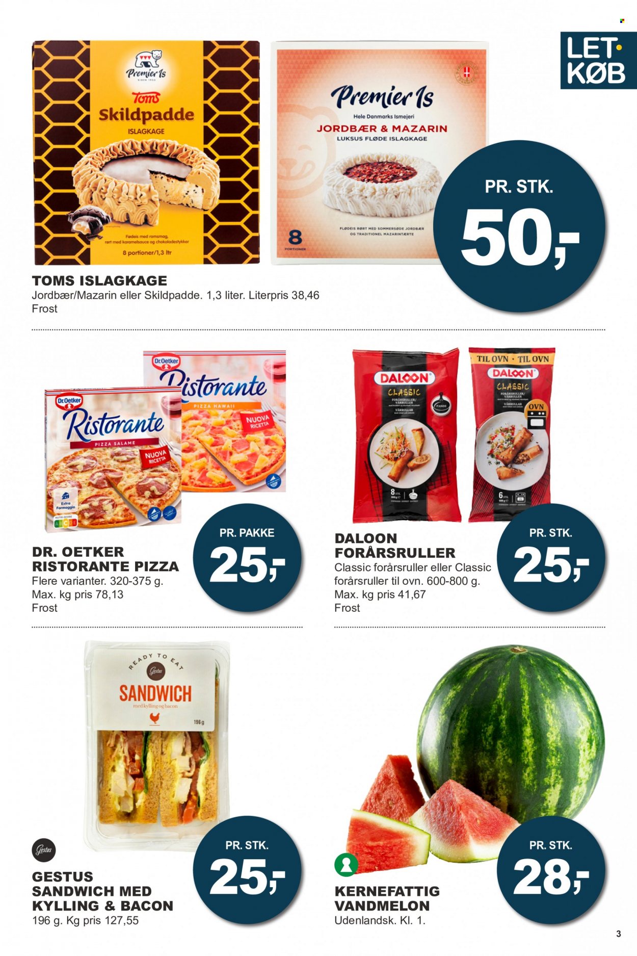 thumbnail - Let-Køb tilbud  - 20.6.2022 - 3.7.2022 - tilbudsprodukter - jordbær, vandmelon, sandwich, forårsruller, pizza, bacon, Dr. Oetker, fløde, flødeis, Toms, karamelsauce. Side 3.