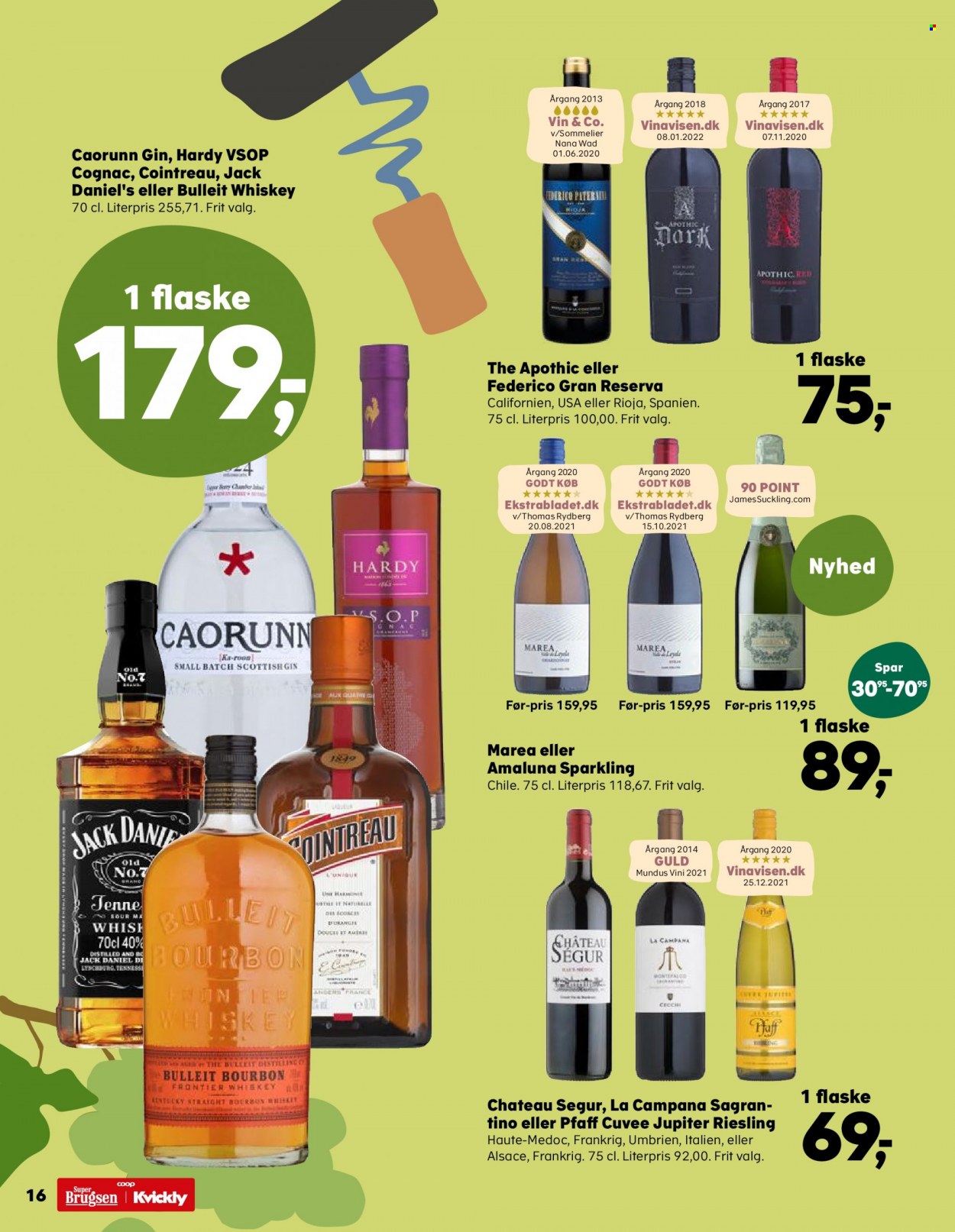 thumbnail - Kvickly tilbud  - 24.6.2022 - 30.6.2022 - tilbudsprodukter - Riesling, Rioja, vin, cognac, Cointreau, gin, Jack Daniel's, whisky. Side 16.