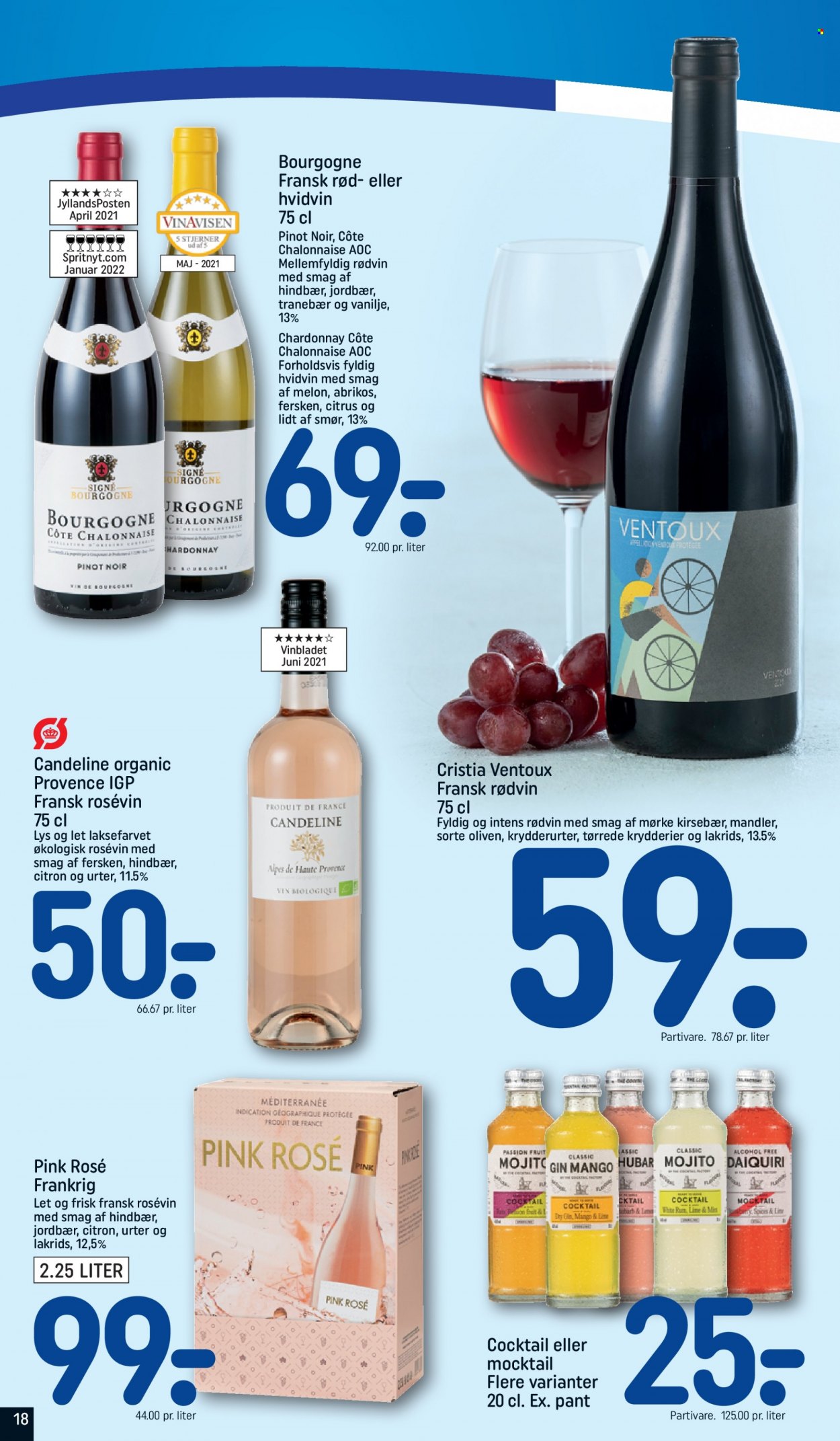 thumbnail - Rema 1000 tilbud  - 26.6.2022 - 2.7.2022 - tilbudsprodukter - tranebær, smør, krydderier, mandler, hvidvin, Chardonnay, Pinot Noir, rødvin, vin. Side 18.