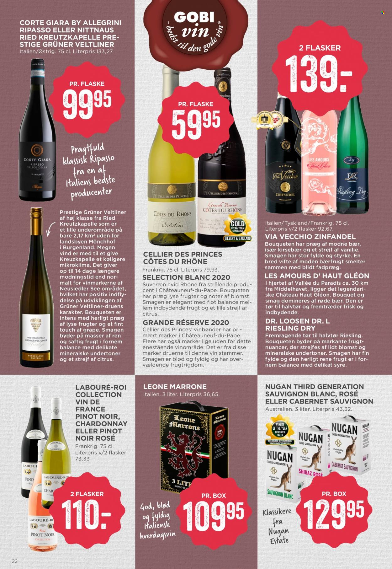 thumbnail - MENY tilbud  - 24.6.2022 - 30.6.2022 - tilbudsprodukter - Cabernet Sauvignon, Côtes du Rhône, hvidvin, Chardonnay, Pinot Noir, Riesling, Sauvignon Blanc, vin, Zinfandel. Side 22.