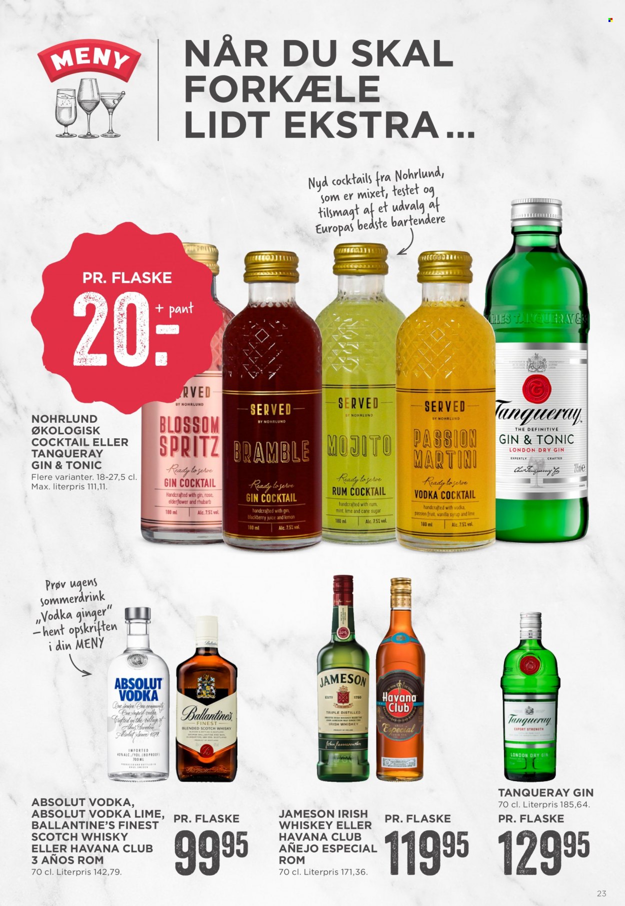 thumbnail - MENY tilbud  - 24.6.2022 - 30.6.2022 - tilbudsprodukter - Lime, saft, tonic, Absolut, gin, Havana Club, Jameson, Martini, rom, scotch whisky, vodka, whisky, London Dry. Side 23.