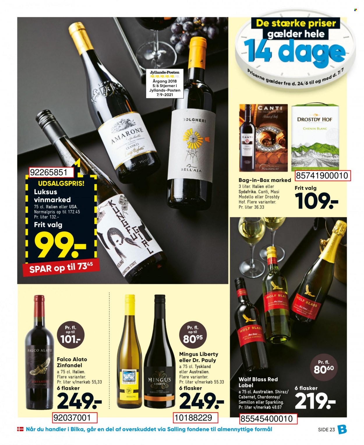 thumbnail - Bilka tilbud  - 24.6.2022 - 7.7.2022 - tilbudsprodukter - Chardonnay, vin, Zinfandel, Shiraz. Side 29.
