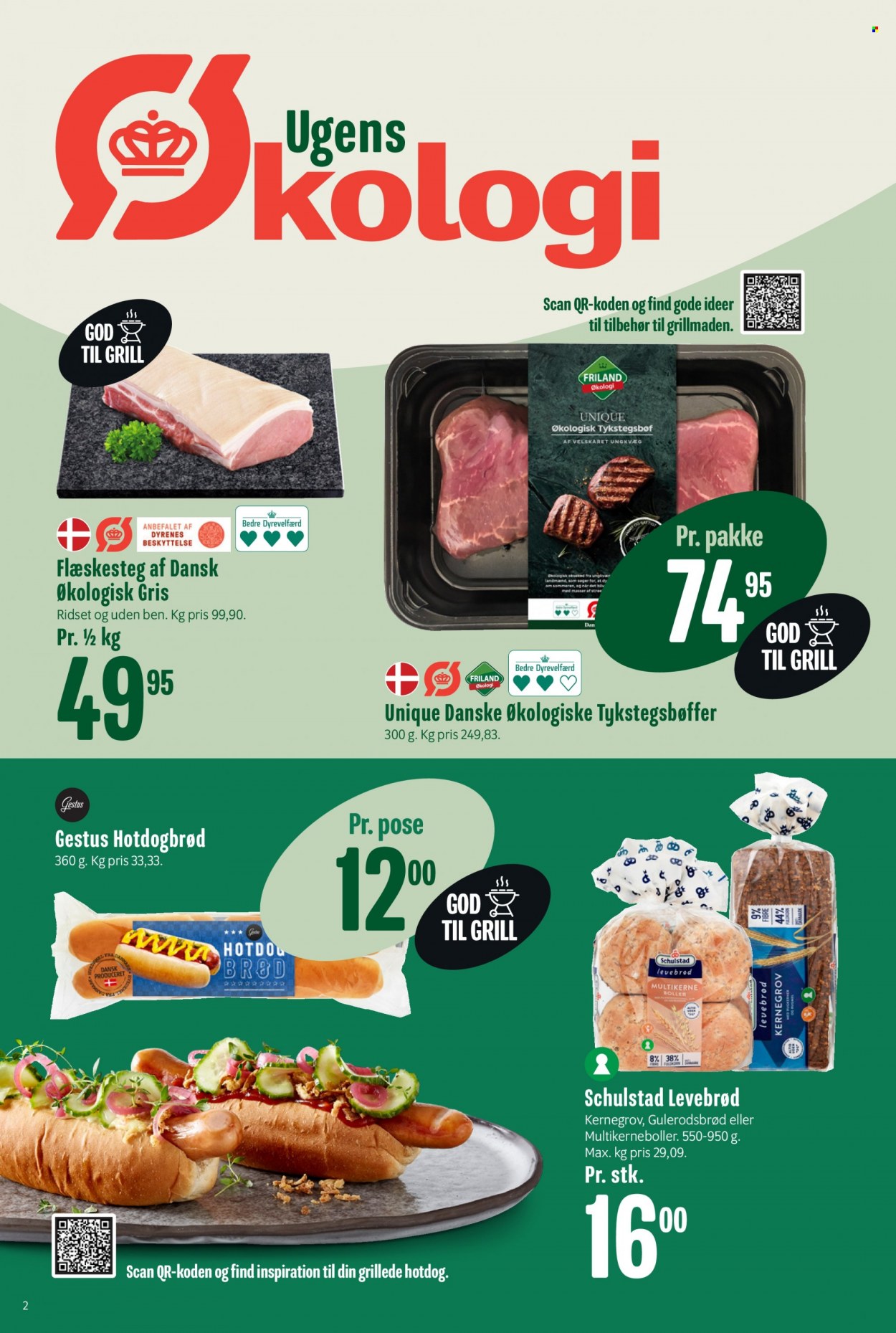 thumbnail - Min Købmand tilbud  - 25.6.2022 - 1.7.2022 - tilbudsprodukter - oksesteak, tykstegsbøf, oksekød, flæskesteg, grisekød, hotdog brød, boller, brød, levebrød, hot dog. Side 2.