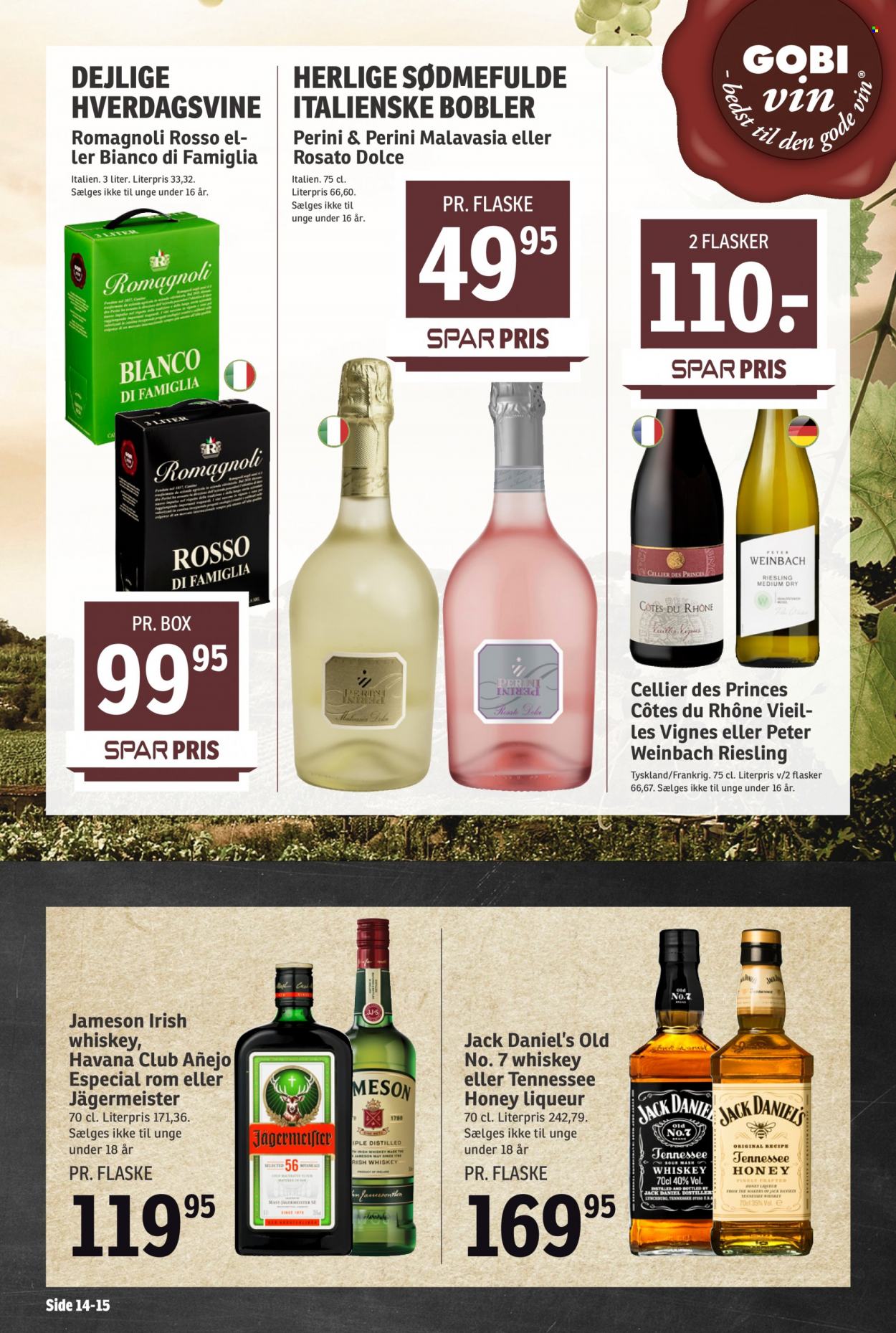 thumbnail - SPAR tilbud  - 25.6.2022 - 1.7.2022 - tilbudsprodukter - Côtes du Rhône, Riesling, vin, Havana Club, Jack Daniel's, Jägermeister, Jameson, rom, whisky. Side 14.