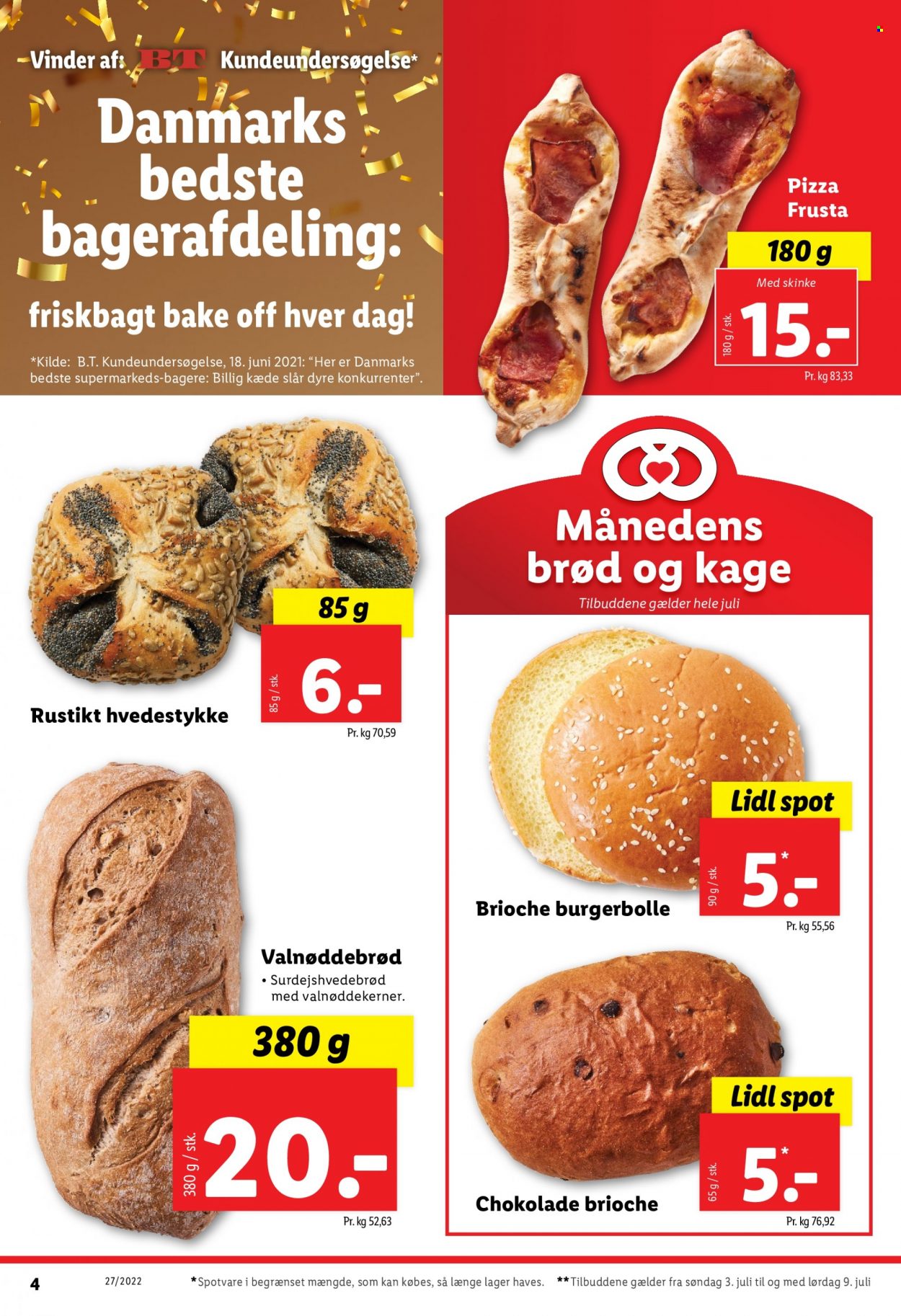 thumbnail - Lidl tilbud  - 3.7.2022 - 9.7.2022 - tilbudsprodukter - brød, pizza, skinke, chokolade. Side 4.