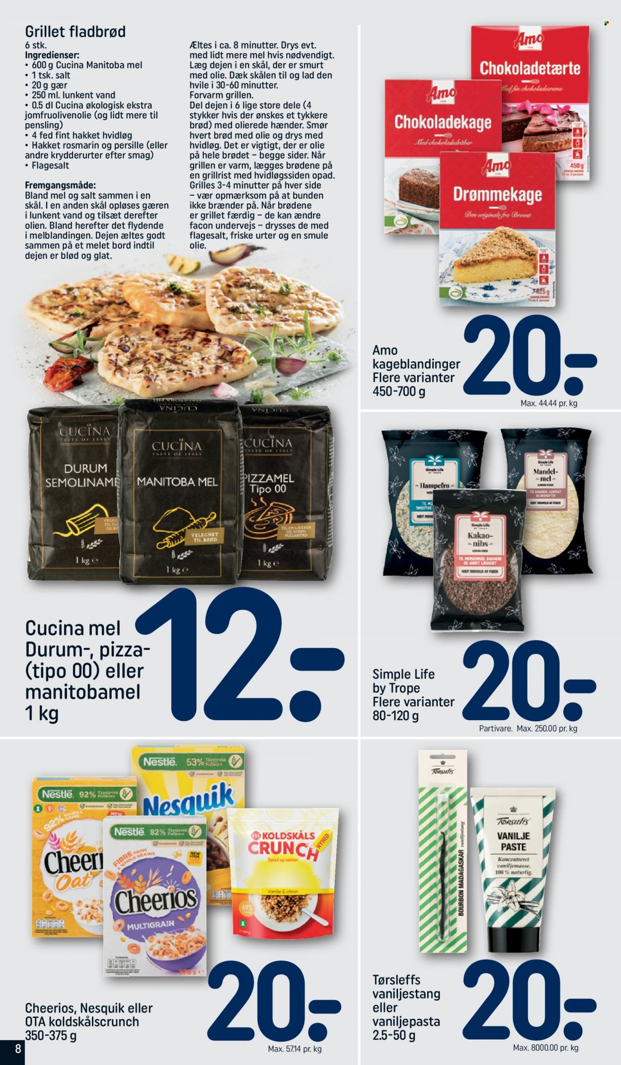thumbnail - Rema 1000 tilbud  - 3.7.2022 - 9.7.2022 - tilbudsprodukter - brød, fladbrød, pizza, gær, smør, mel, cheerios, olie. Side 8.