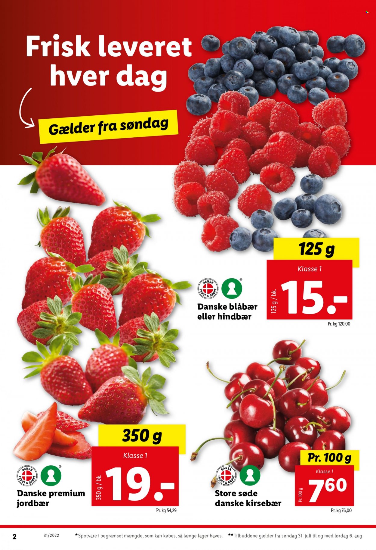 Lidl tilbud  - 31.07.2022 - 06.08.2022 - tilbudsprodukter - blåbær, jordbær, kirsebær. Side 2.