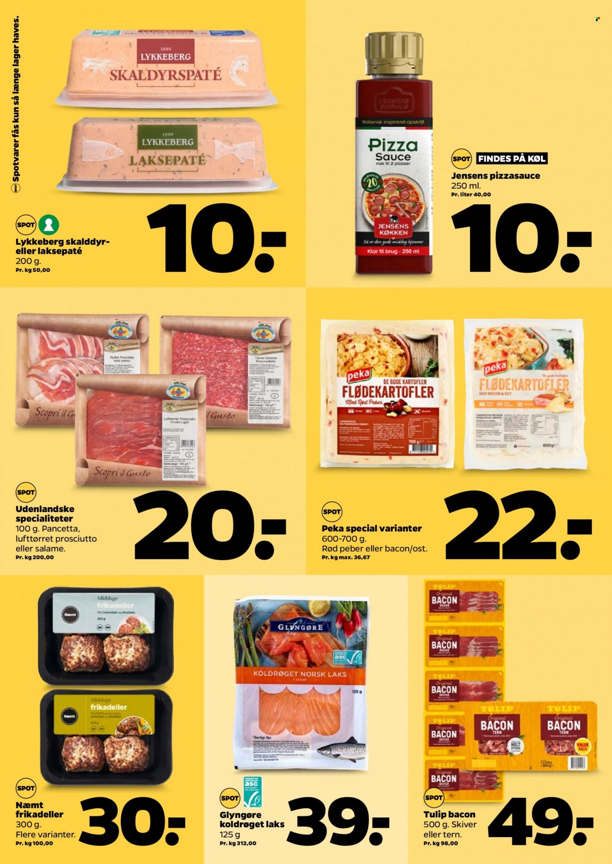 thumbnail - Netto tilbud  - 6.8.2022 - 12.8.2022 - tilbudsprodukter - kartofler, laks, pizza, frikadeller, flødekartofler, bacon, Pancetta, prosciutto, sauce. Side 19.