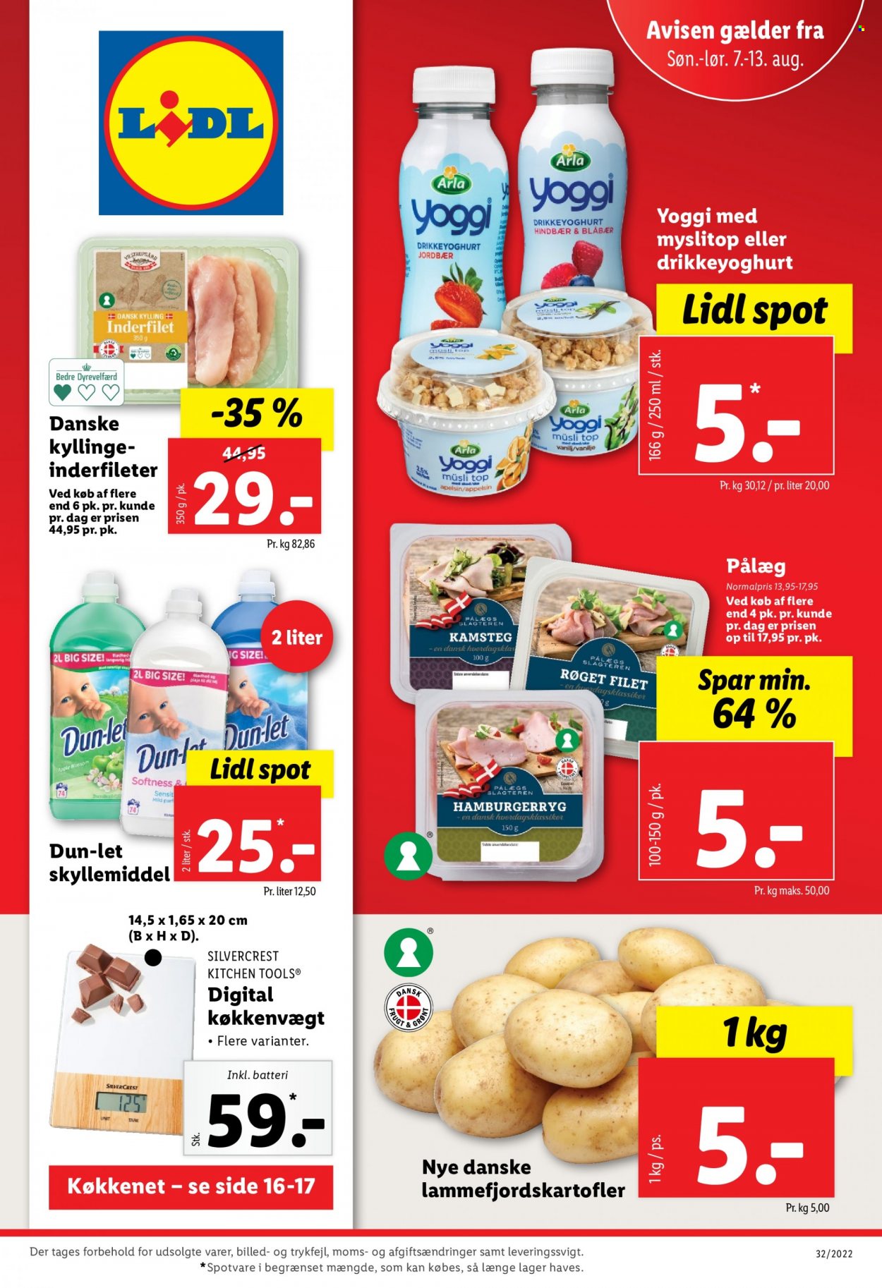 thumbnail - Lidl tilbud  - 7.8.2022 - 13.8.2022 - tilbudsprodukter - pålæg, yoghurt, skyllemiddel. Side 1.