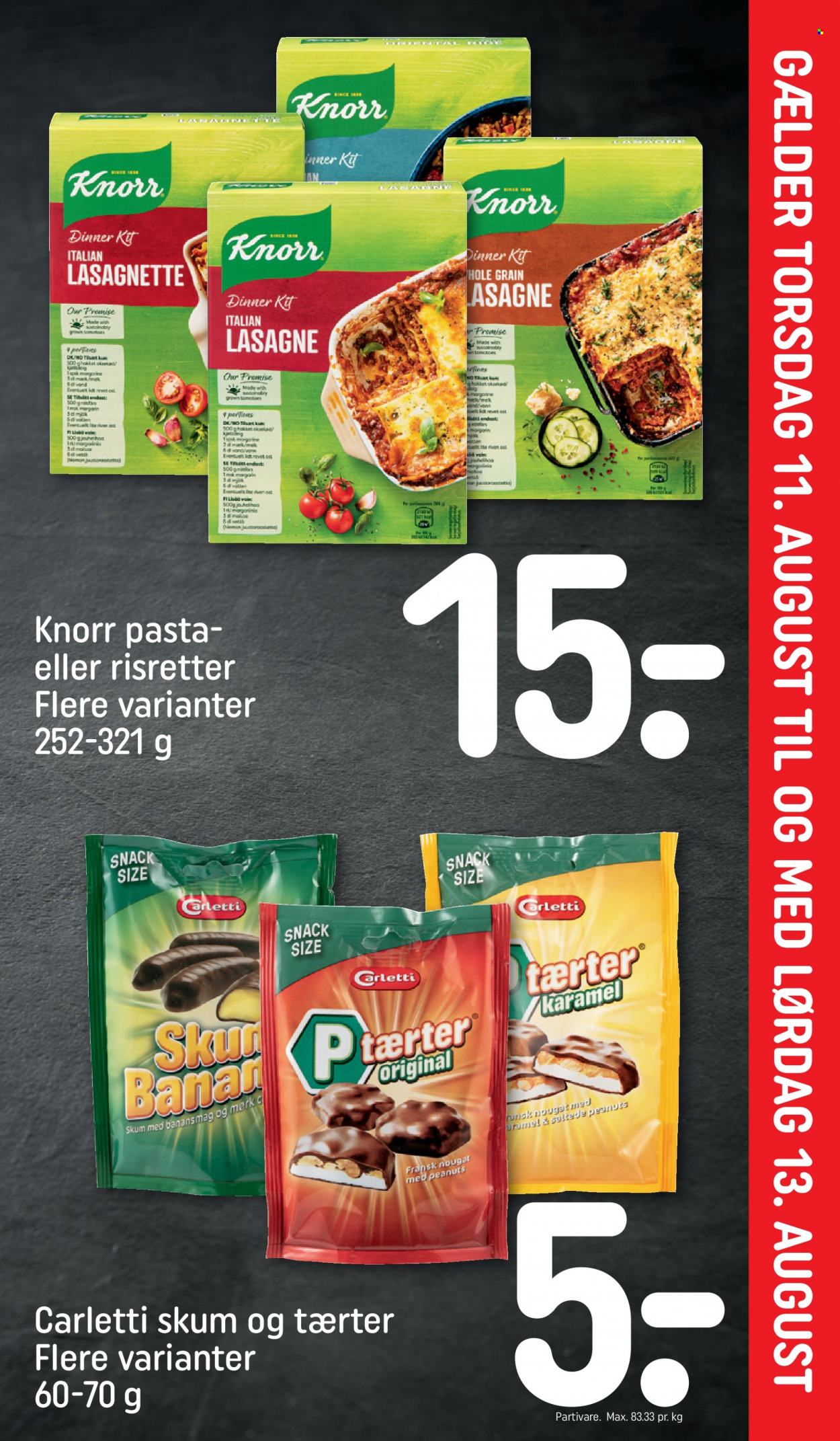 thumbnail - Rema 1000 tilbud  - 7.8.2022 - 13.8.2022 - tilbudsprodukter - Knorr, færdigretter, fransk nougat, karamel, nougat, Carletti, pasta, peanuts. Side 23.