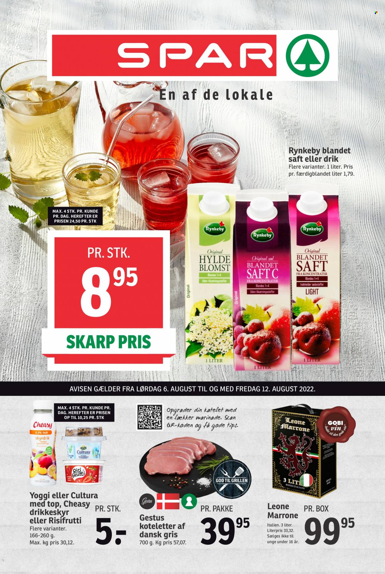 thumbnail - SPAR tilbud  - 6.8.2022 - 12.8.2022 - tilbudsprodukter - koteletter, dansk gris, Risifrutti, saft, Rynkeby, vin. Side 1.