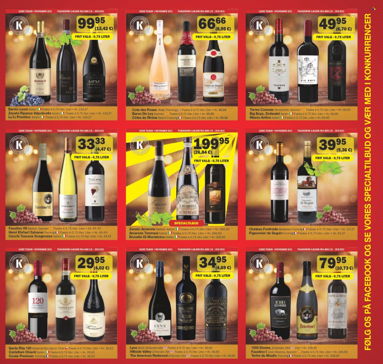 thumbnail - Købmandsgården tilbud  - 2.11.2022 - 29.11.2022 - tilbudsprodukter - Cabernet Sauvignon, Côtes du Rhône, Chianti, rødvin, Valpolicella, vin, Zinfandel. Side 5.