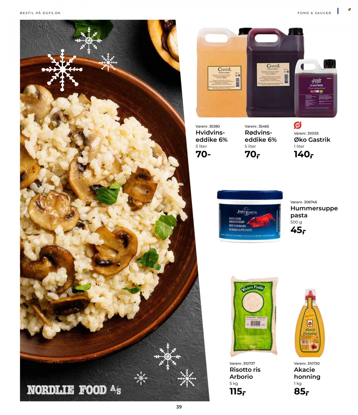 thumbnail - Dagrofa tilbud  - 1.11.2022 - 31.12.2022 - tilbudsprodukter - hummer, hummersuppe, risotto, suppe, pasta, ris, sauce, eddike, honning. Side 39.