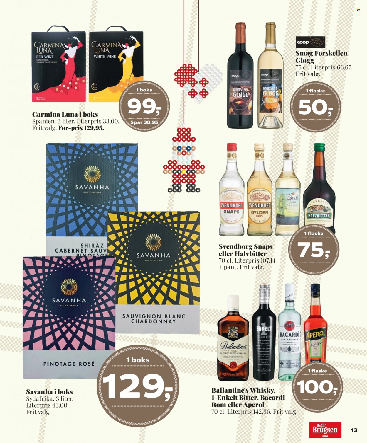 thumbnail - Dagli'Brugsen tilbud  - 18.11.2022 - 1.12.2022 - tilbudsprodukter - kørvel, Cabernet Sauvignon, Chardonnay, Sauvignon Blanc, vin, Shiraz, Aperol, Bacardi, rom, scotch whisky, snaps, whisky. Side 15.