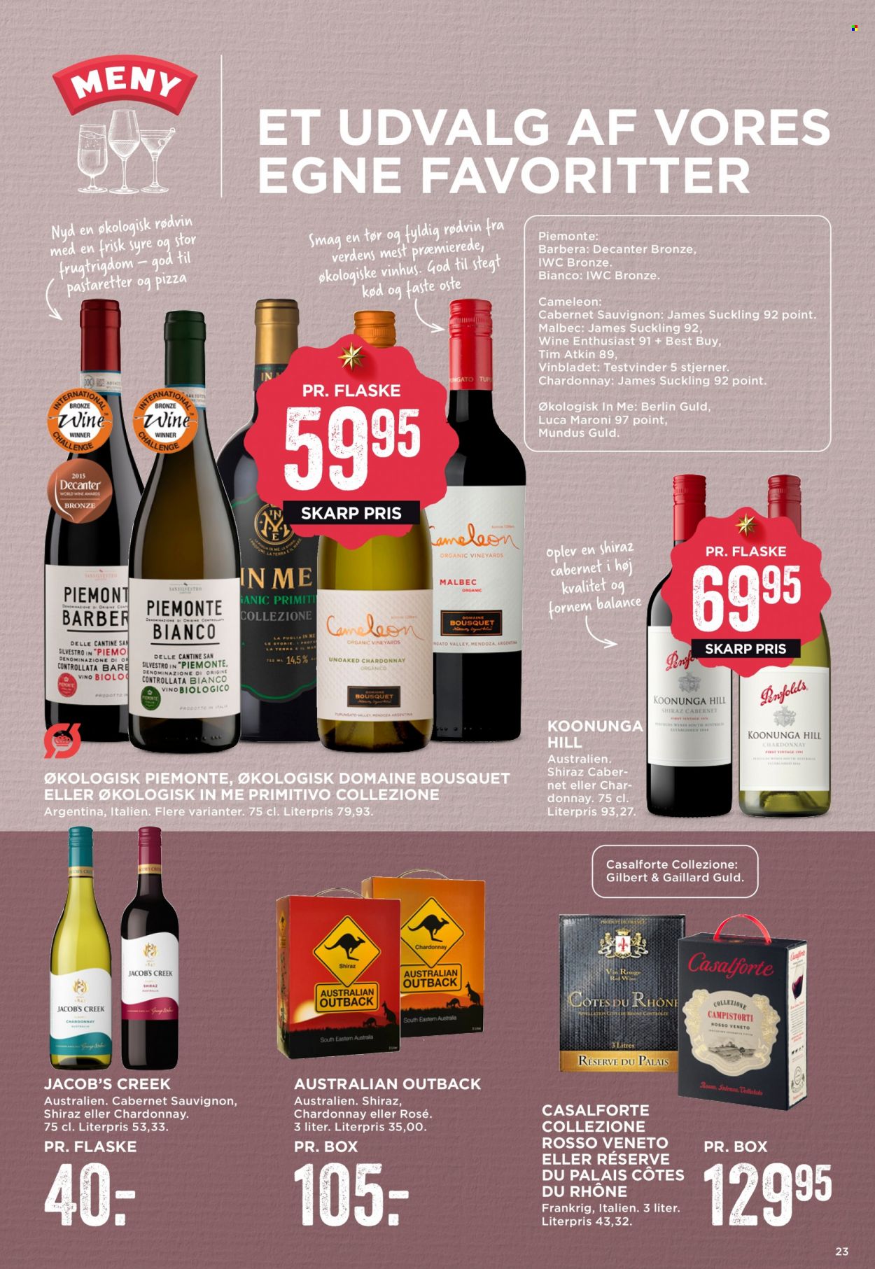 thumbnail - MENY tilbud  - 25.11.2022 - 1.12.2022 - tilbudsprodukter - pasta, Cabernet Sauvignon, Côtes du Rhône, Chardonnay, rødvin, vin, Jacob’s Creek, Shiraz. Side 23.