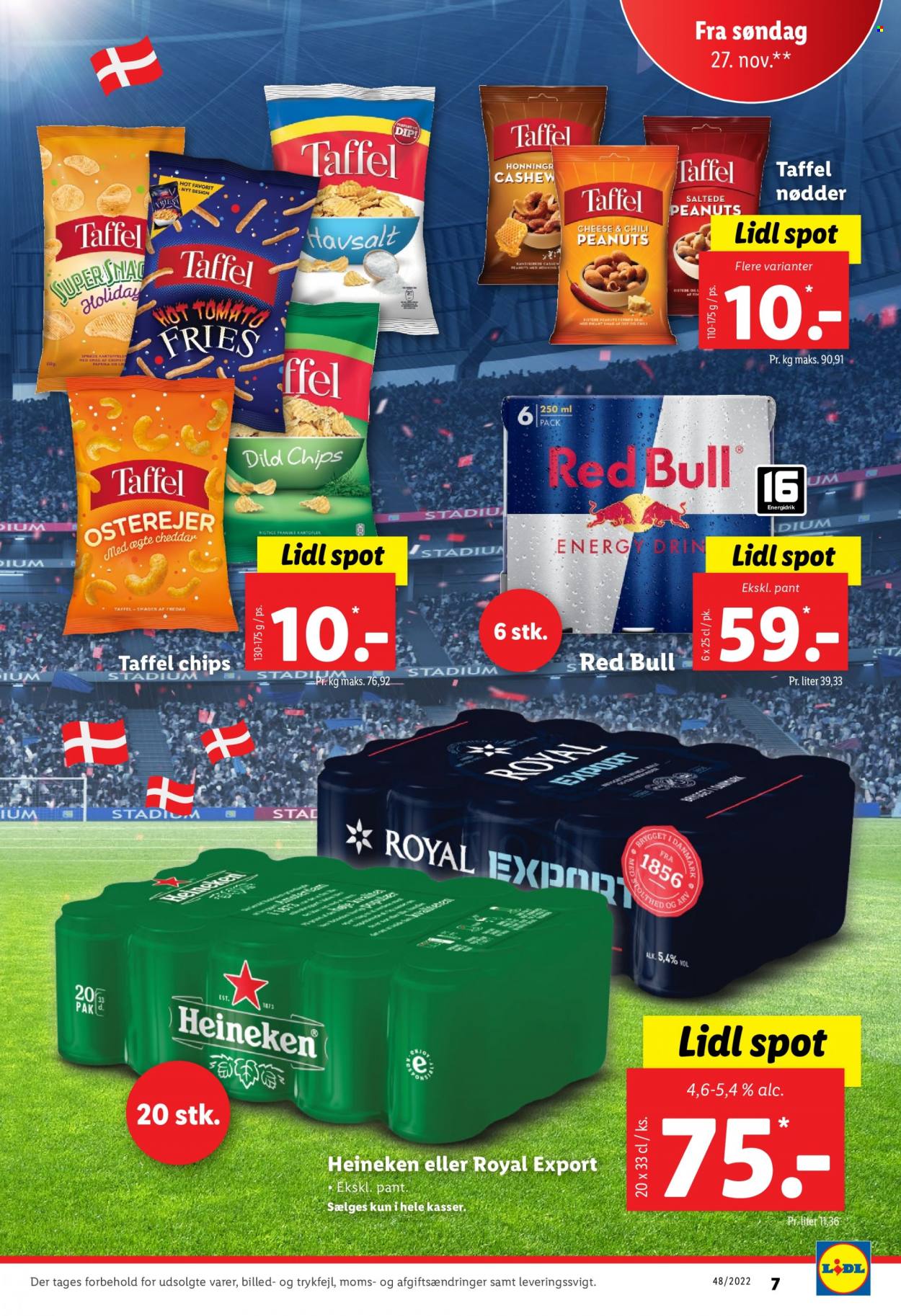 thumbnail - Lidl tilbud  - 27.11.2022 - 3.12.2022 - tilbudsprodukter - Heineken, Royal Pilsner, øl, cheddar, chips, dild, honning, nødder, peanuts, energidrik, red bull. Side 7.