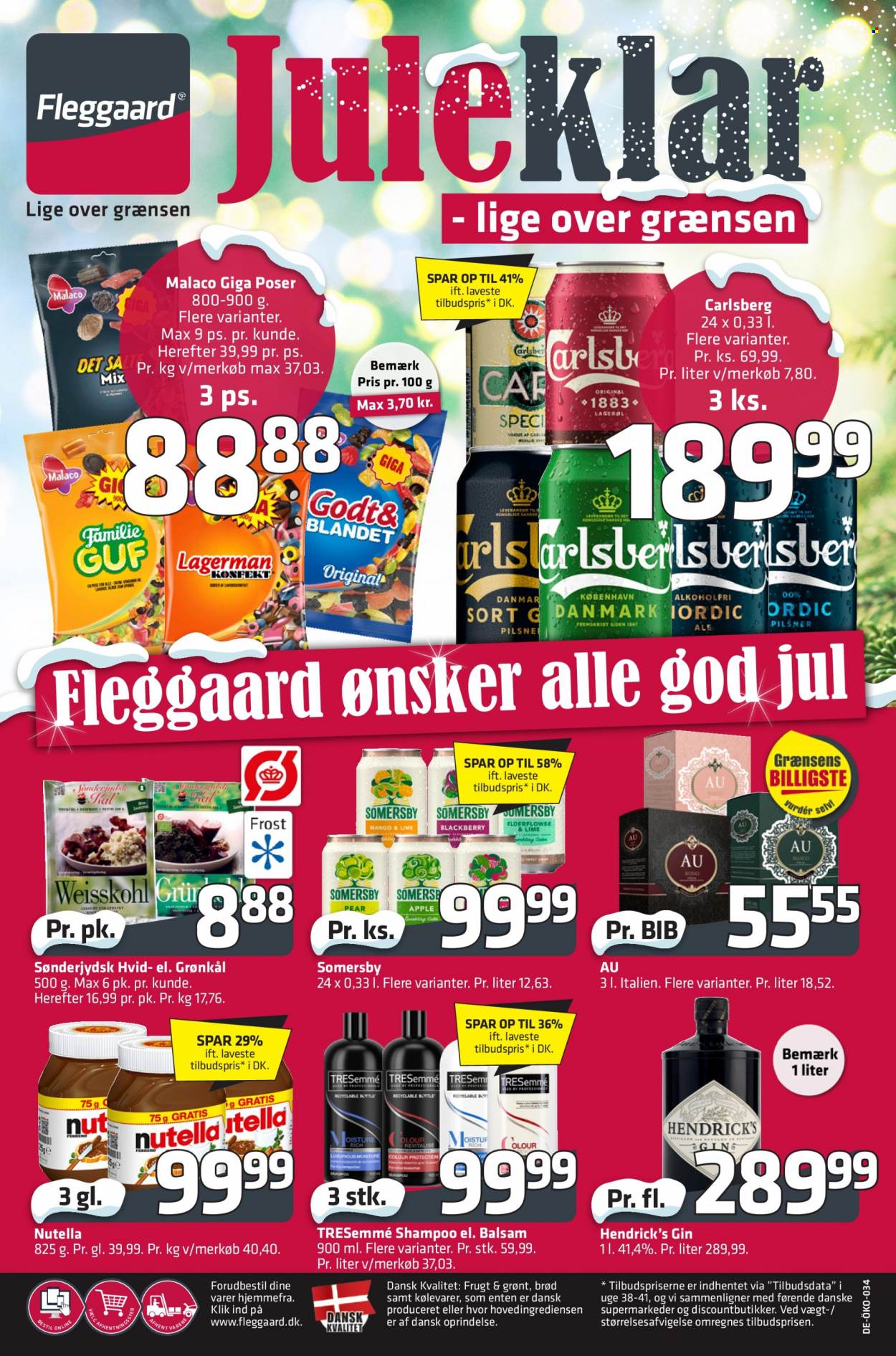 thumbnail - Fleggaard tilbud  - 30.11.2022 - 13.12.2022 - tilbudsprodukter - grønkål, Carlsberg, øl, brød, Malaco, Nutella, gin, shampoo, TRESemmé. Side 60.