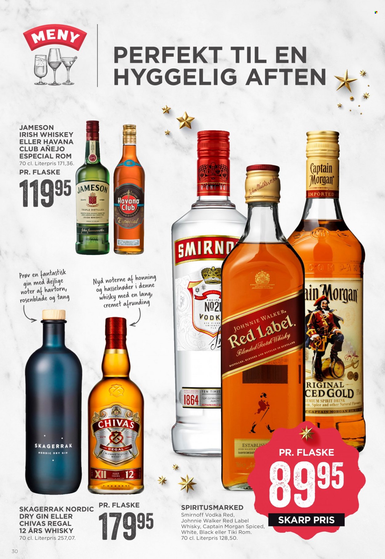 thumbnail - MENY tilbud  - 2.12.2022 - 8.12.2022 - tilbudsprodukter - honning, havtorn, Captain Morgan, gin, Havana Club, Jameson, Johnnie Walker, rom, scotch whisky, Smirnoff, vodka, whisky. Side 30.