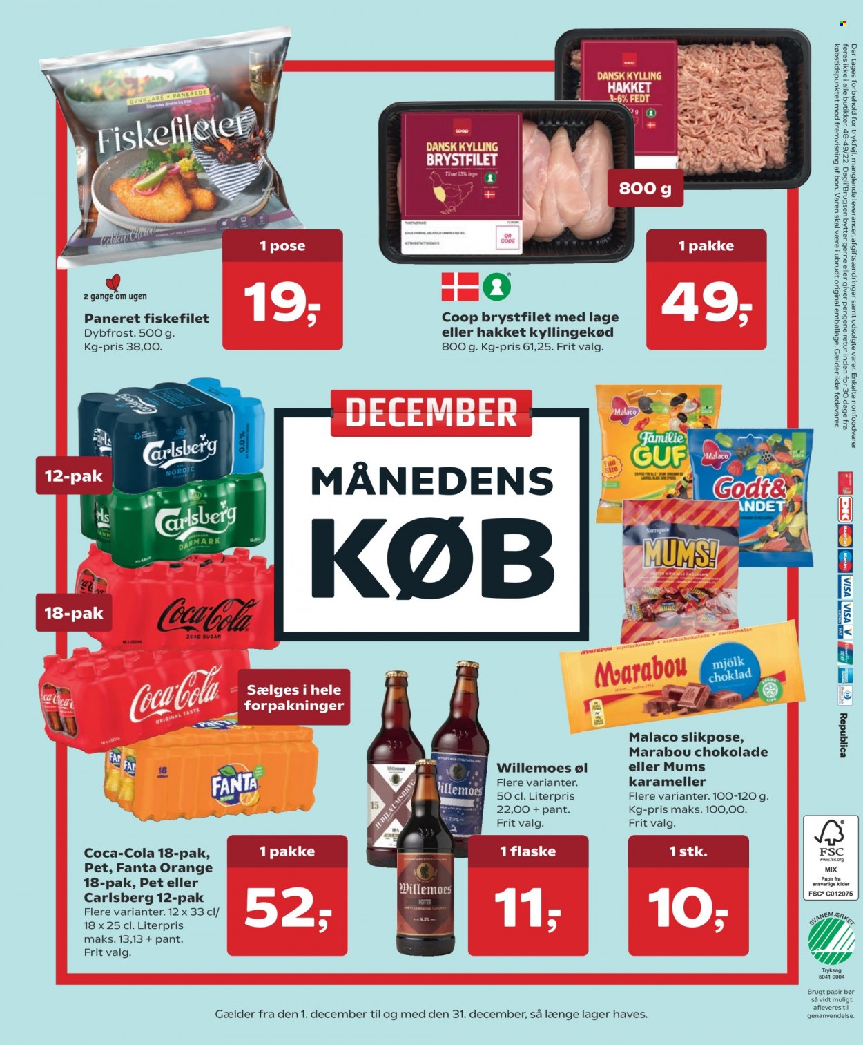 thumbnail - Dagli'Brugsen tilbud  - 2.12.2022 - 15.12.2022 - tilbudsprodukter - Carlsberg, øl, hakket kylling, chokolade, Marabou, Malaco, Coca-Cola, Fanta. Side 18.