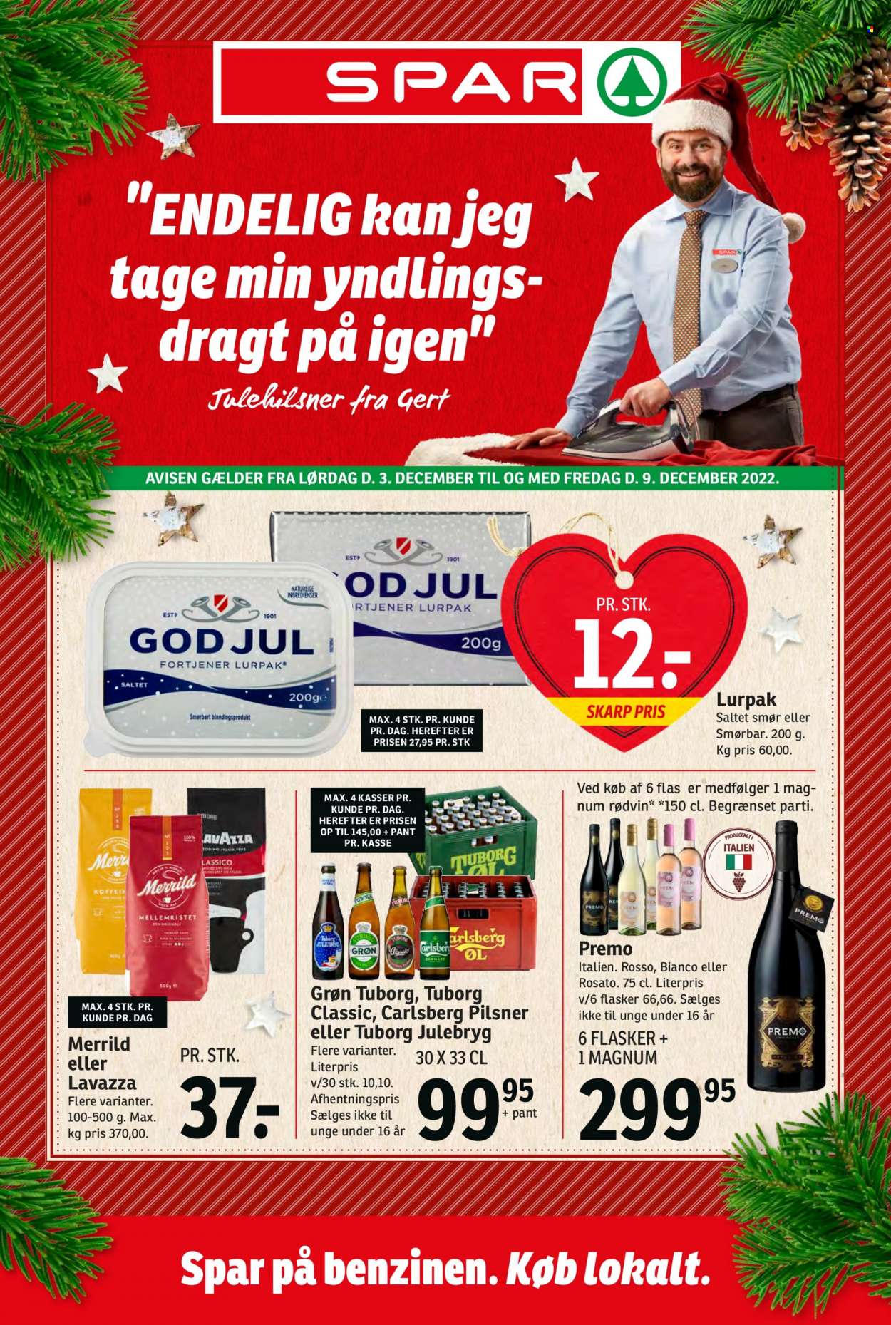thumbnail - SPAR tilbud  - 3.12.2022 - 9.12.2022 - tilbudsprodukter - Carlsberg, Tuborg, øl, smør, Lurpak, smørbar, Magnum, rødvin, vin. Side 1.