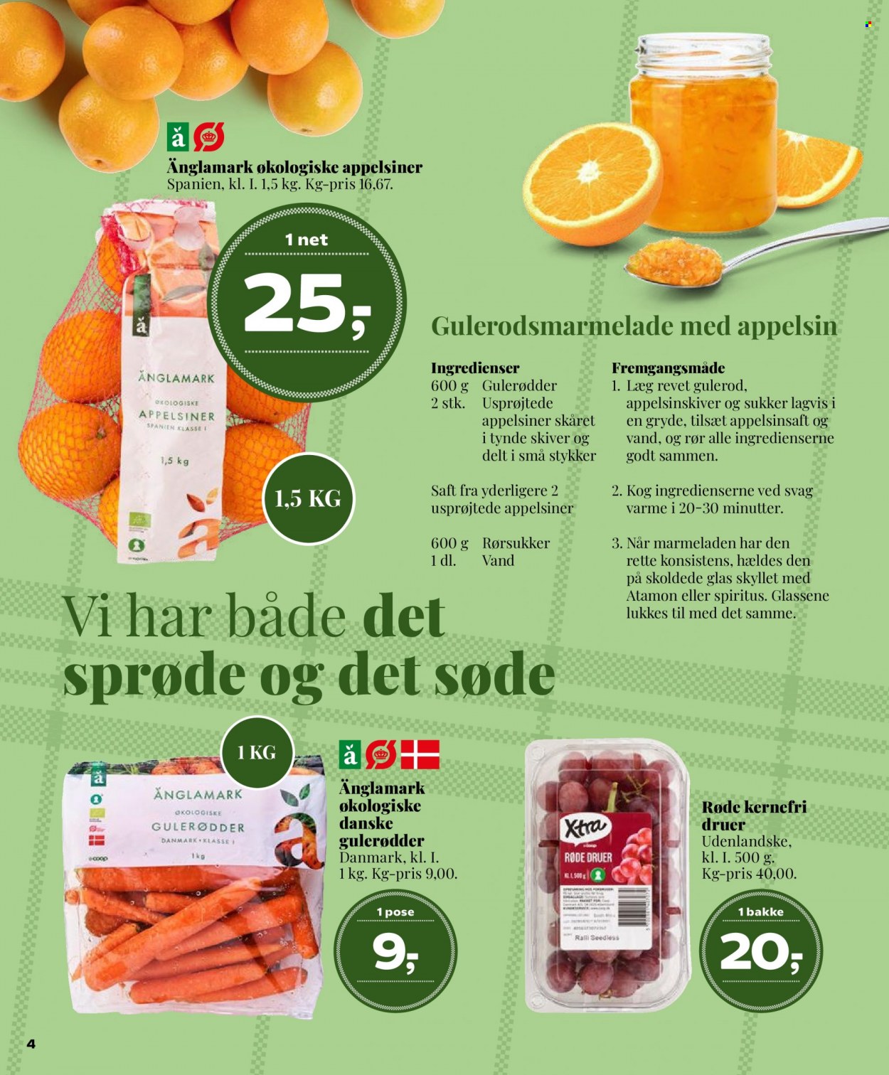 thumbnail - Dagli'Brugsen tilbud  - 20.1.2023 - 2.2.2023 - tilbudsprodukter - Änglamark, appelsin, vindruer, gulerod, sukker, saft, spiritus, glas, gryde. Side 5.