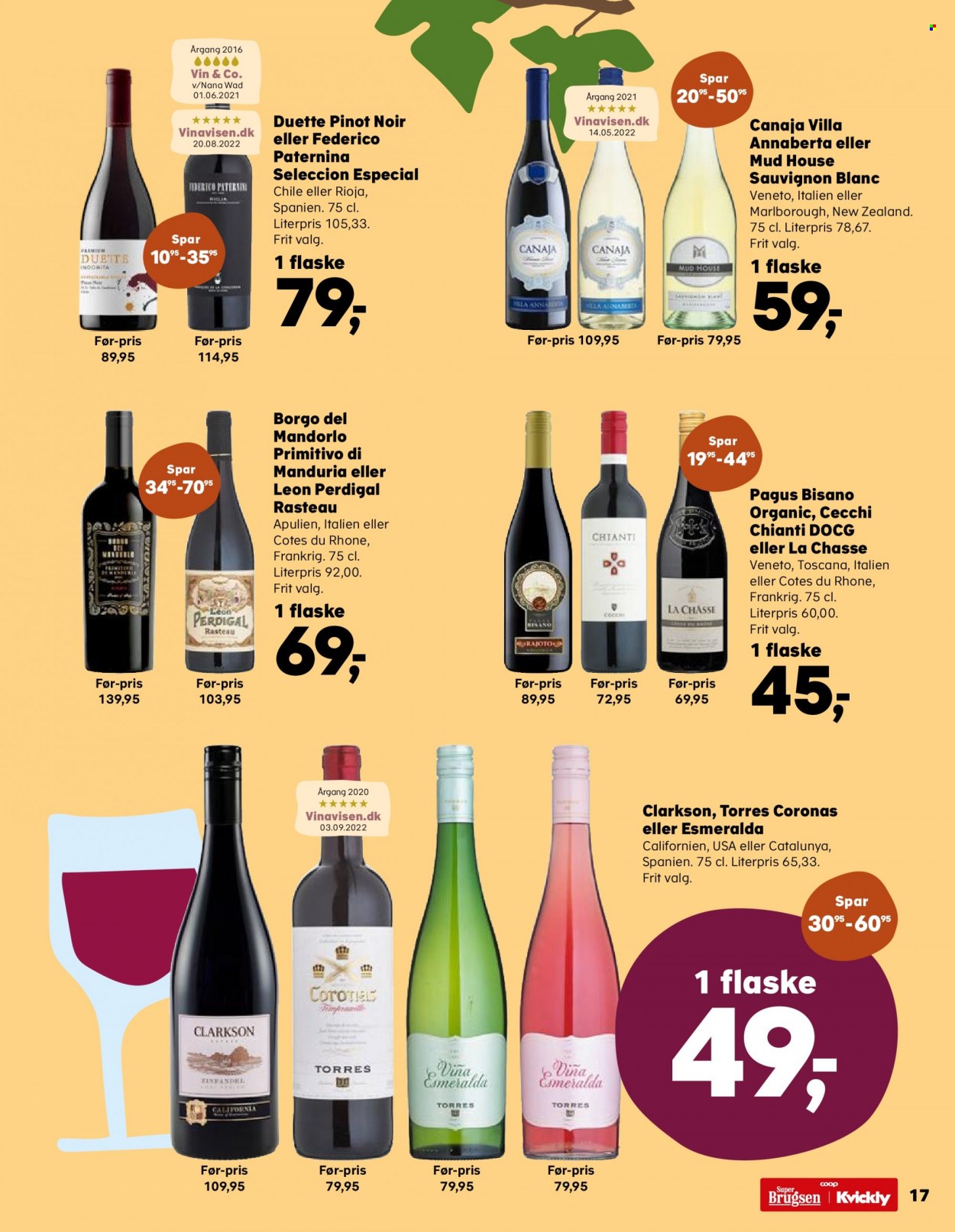 thumbnail - Kvickly tilbud  - 27.1.2023 - 2.2.2023 - tilbudsprodukter - Côtes du Rhône, Chianti, Pinot Noir, Rioja, Sauvignon Blanc, vin, Primitivo di Manduria. Side 18.