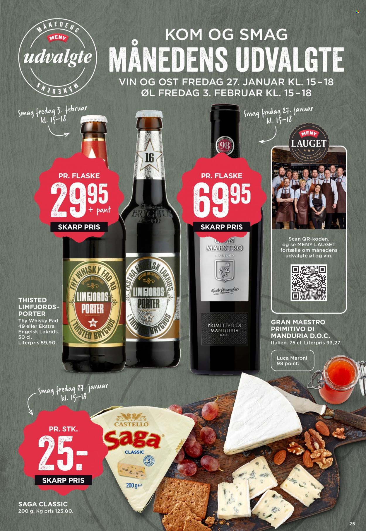 thumbnail - MENY tilbud  - 27.1.2023 - 2.2.2023 - tilbudsprodukter - porter, øl, Primitivo di Manduria, spiritus, whisky. Side 25.