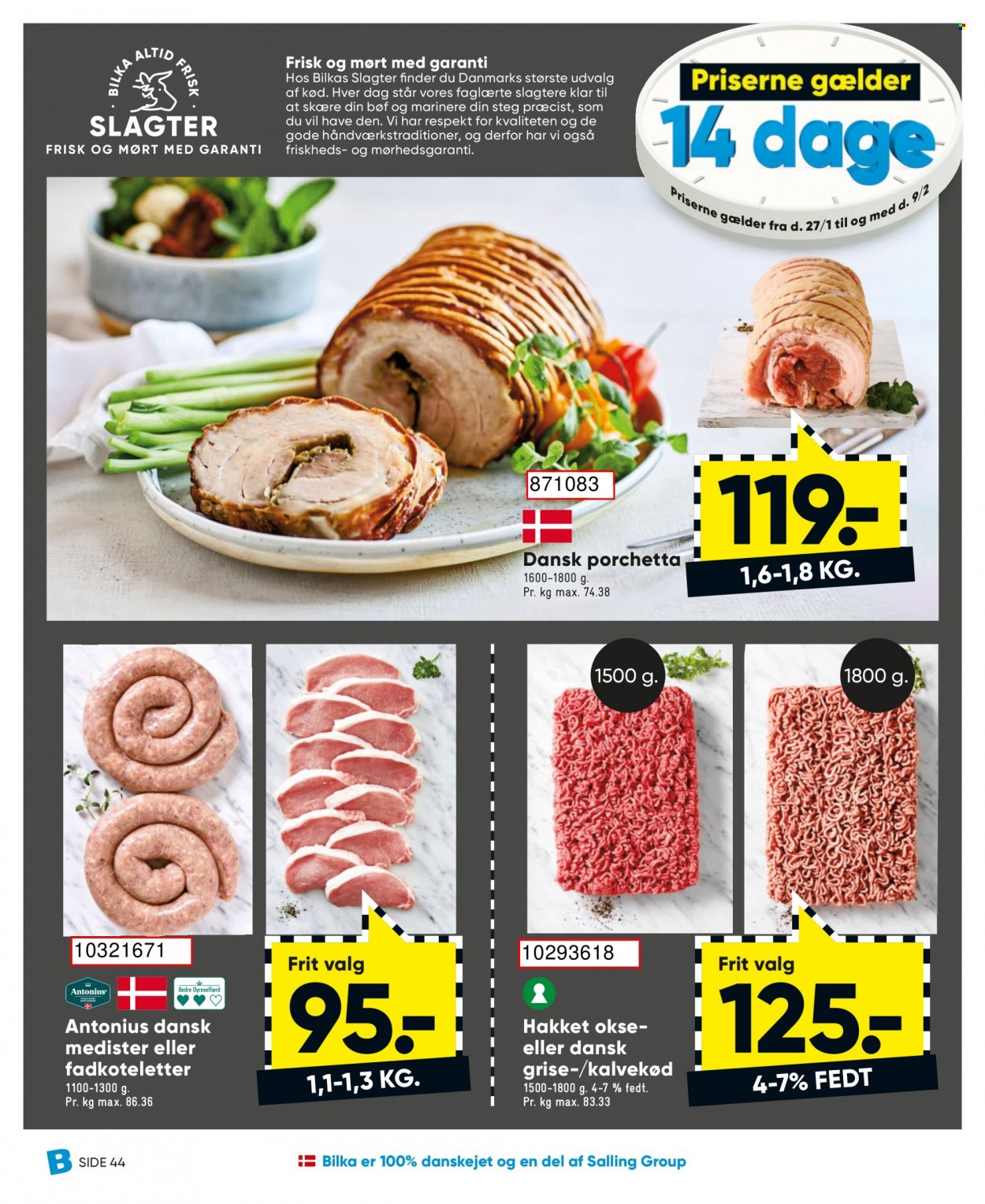 thumbnail - Bilka tilbud  - 27.1.2023 - 9.2.2023 - tilbudsprodukter - kalvekød, koteletter, fadkoteletter, dansk gris, grisekød, medister. Side 32.