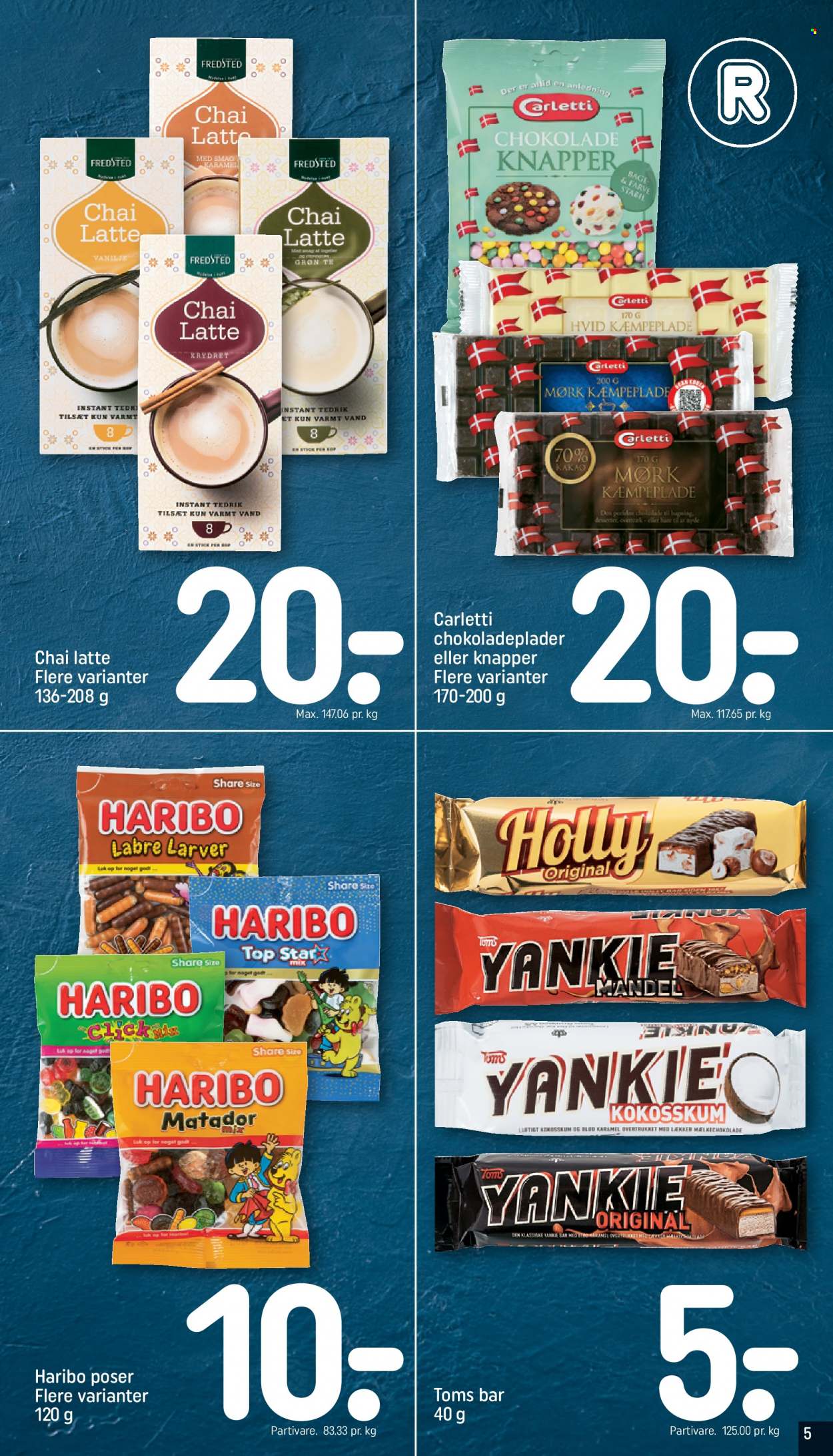 thumbnail - Rema 1000 tilbud  - 29.1.2023 - 4.2.2023 - tilbudsprodukter - chokolade, karamel, Toms, Haribo, Carletti, Fredsted, Chai. Side 5.