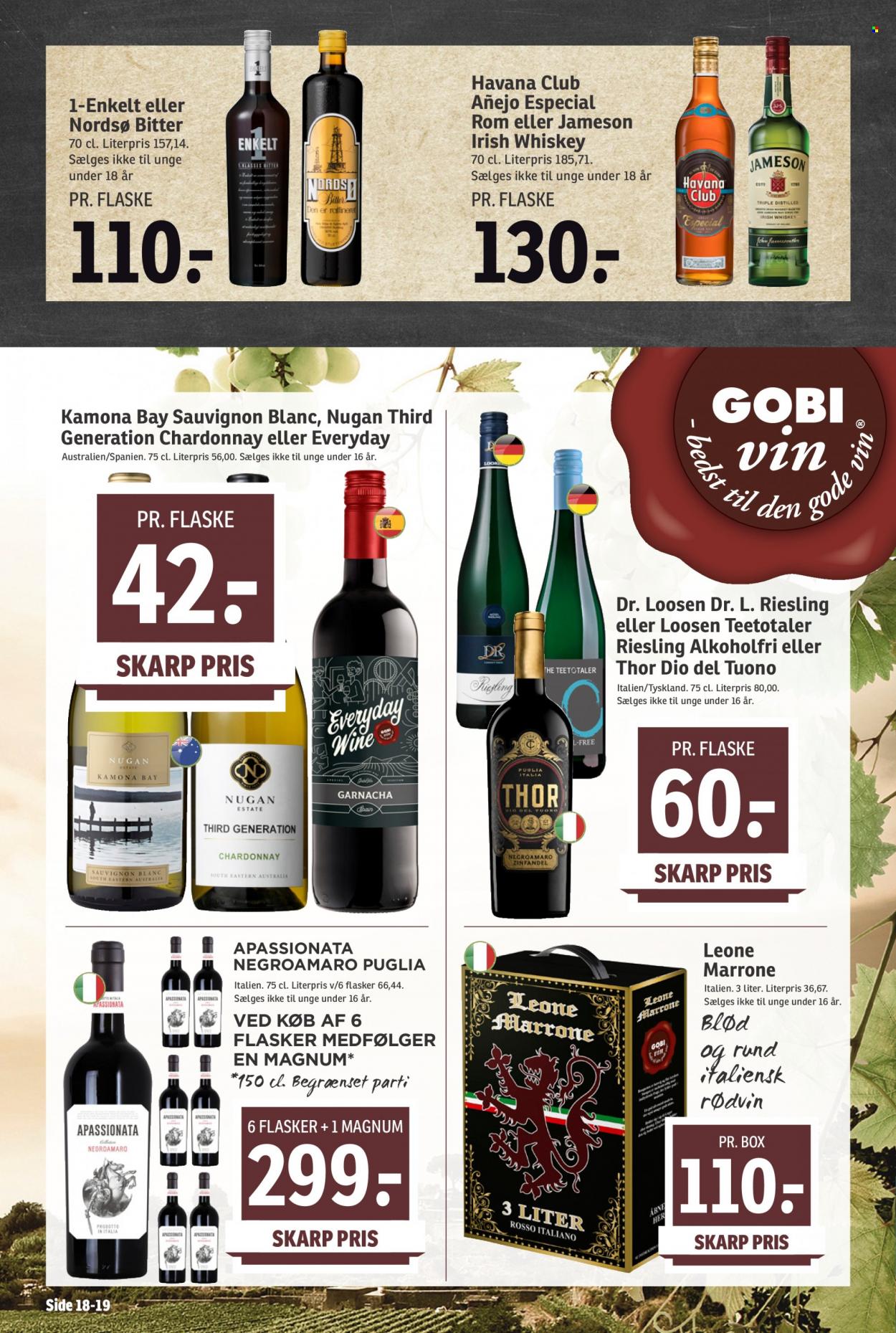 thumbnail - SPAR tilbud  - 28.1.2023 - 3.2.2023 - tilbudsprodukter - Chardonnay, Riesling, rødvin, Sauvignon Blanc, vin, Zinfandel, Havana Club, Jameson, rom, whisky. Side 18.