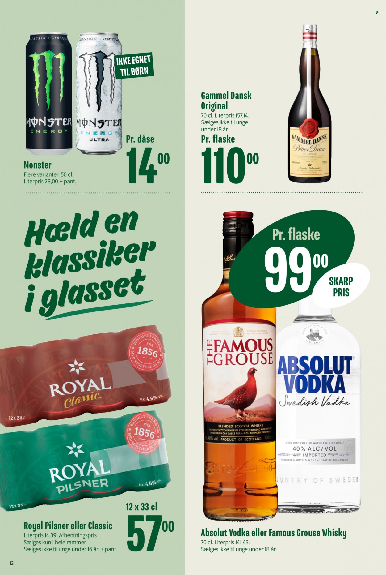 thumbnail - Min Købmand tilbud  - 28.1.2023 - 3.2.2023 - tilbudsprodukter - Royal Pilsner, øl, energidrik, Absolut, scotch whisky, vodka, whisky. Side 12.