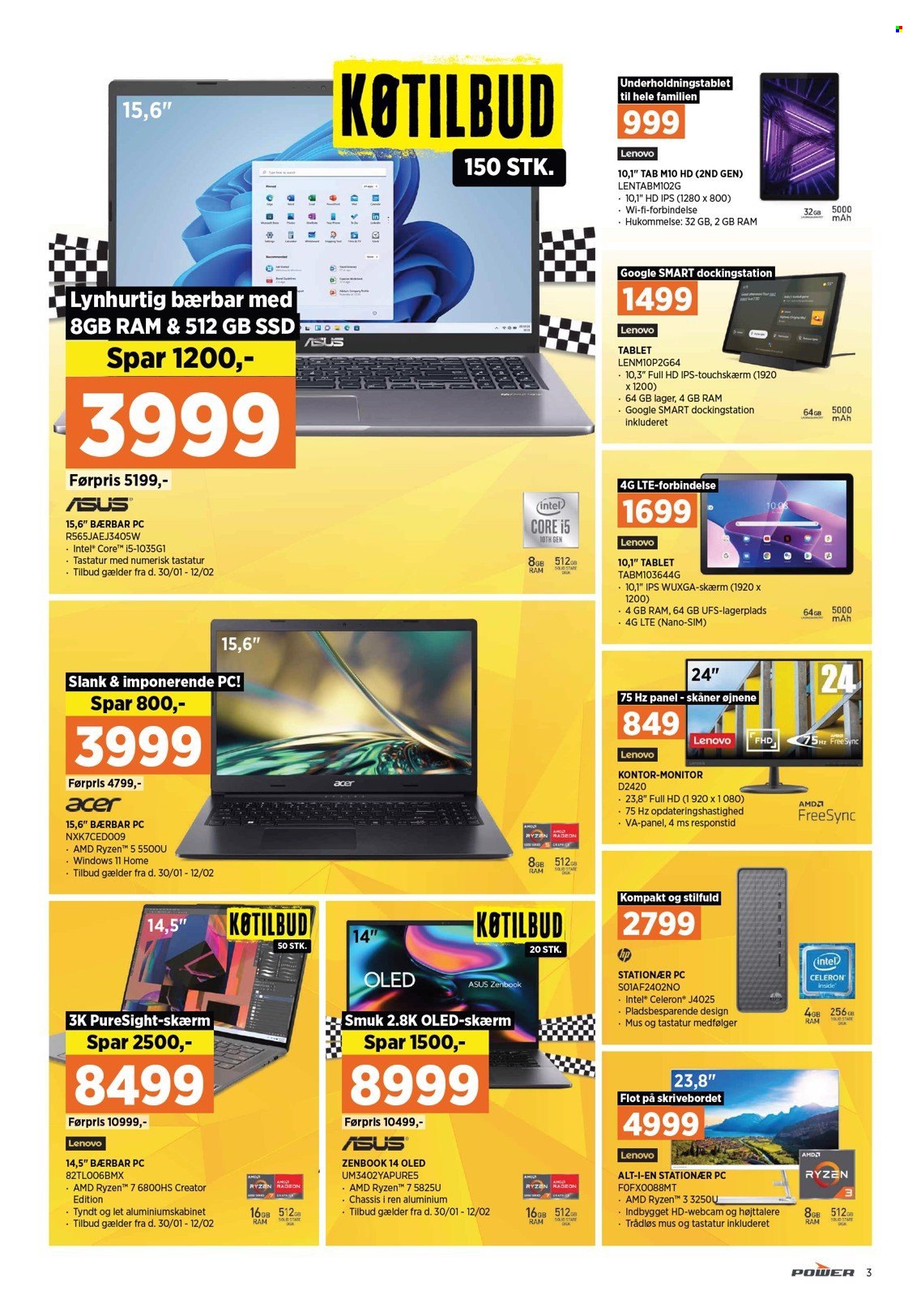 thumbnail - Power tilbud  - 30.1.2023 - 5.2.2023 - tilbudsprodukter - Lenovo, Acer, Asus, bærbar computer, HP, tablet, mus, webkamera. Side 3.