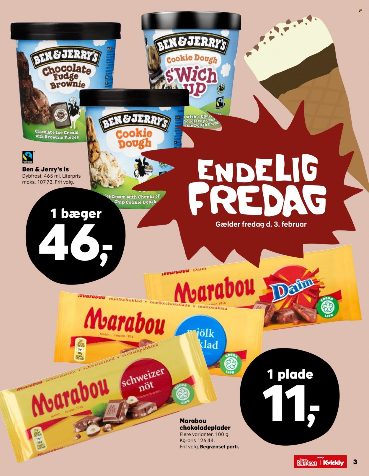thumbnail - SuperBrugsen tilbud  - 3.2.2023 - 9.2.2023 - tilbudsprodukter - Ben & Jerry’s, Daim, chokolade, Marabou, mælkechokolade. Side 3.