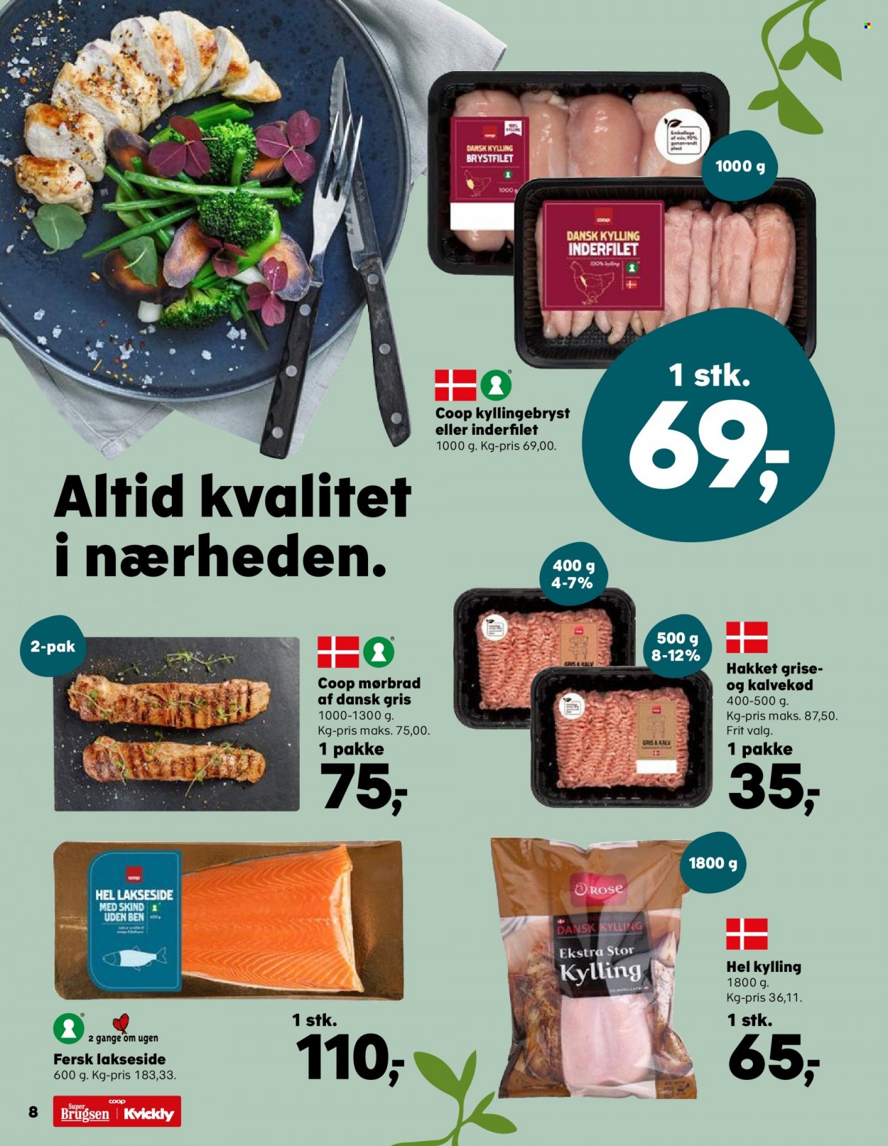 thumbnail - SuperBrugsen tilbud  - 3.2.2023 - 9.2.2023 - tilbudsprodukter - kalvekød, mørbrad, oksekød, dansk gris, kylling, kyllingebryst, laksefilet. Side 8.