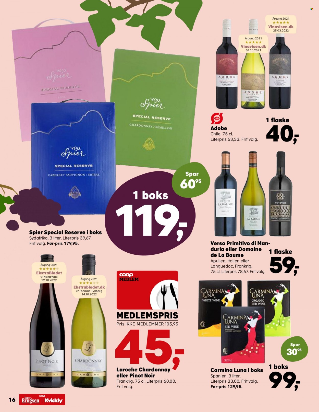 thumbnail - SuperBrugsen tilbud  - 3.2.2023 - 9.2.2023 - tilbudsprodukter - Cabernet Sauvignon, Chardonnay, Pinot Noir, Verso, vin, Shiraz. Side 19.