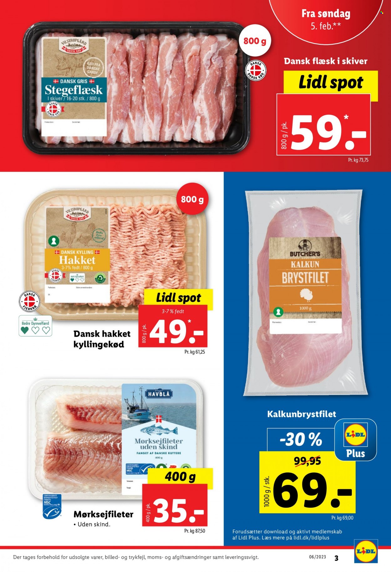 thumbnail - Lidl tilbud  - 5.2.2023 - 11.2.2023 - tilbudsprodukter - stegeflæsk, dansk gris, grisekød, hakket kylling, kalkun, kylling. Side 3.